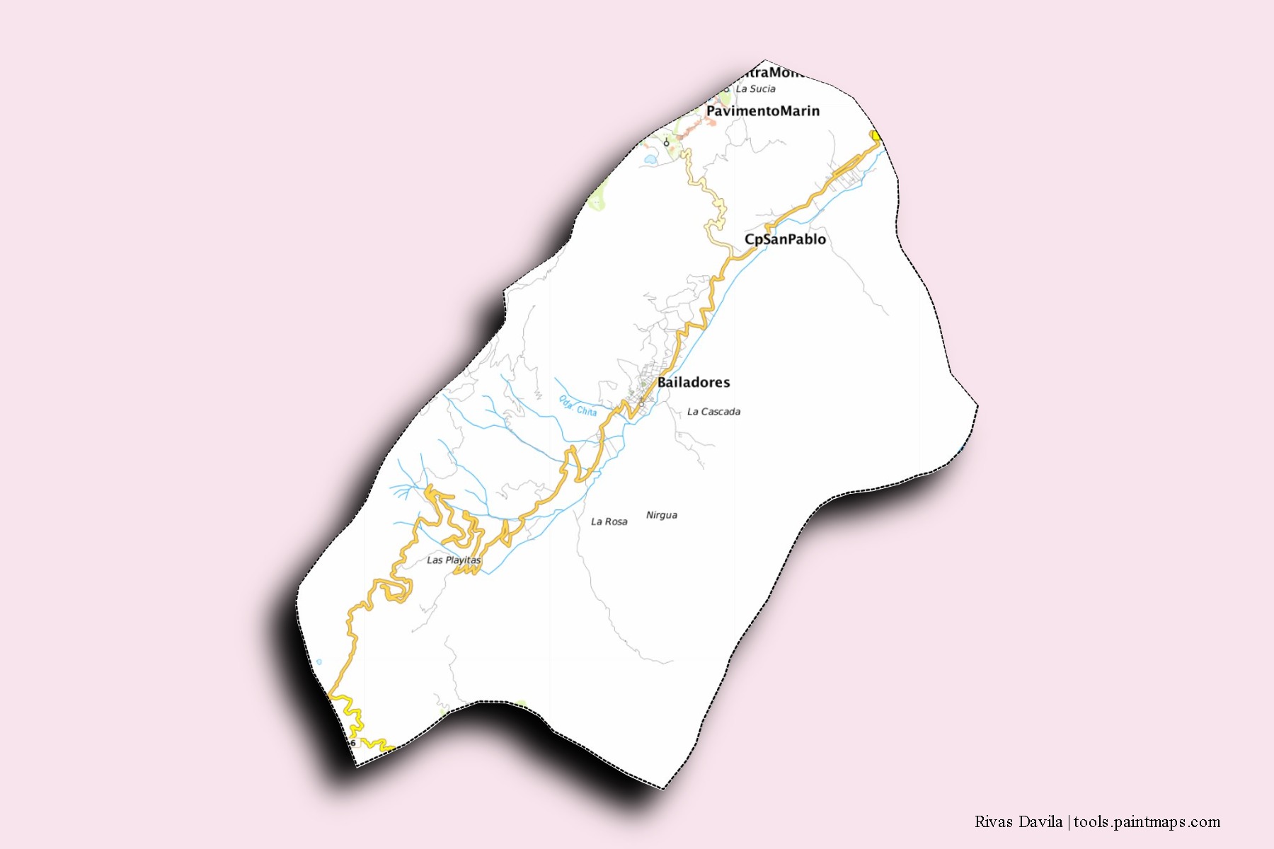 Mapa de barrios y pueblos de Rivas Davila con efecto de sombra 3D