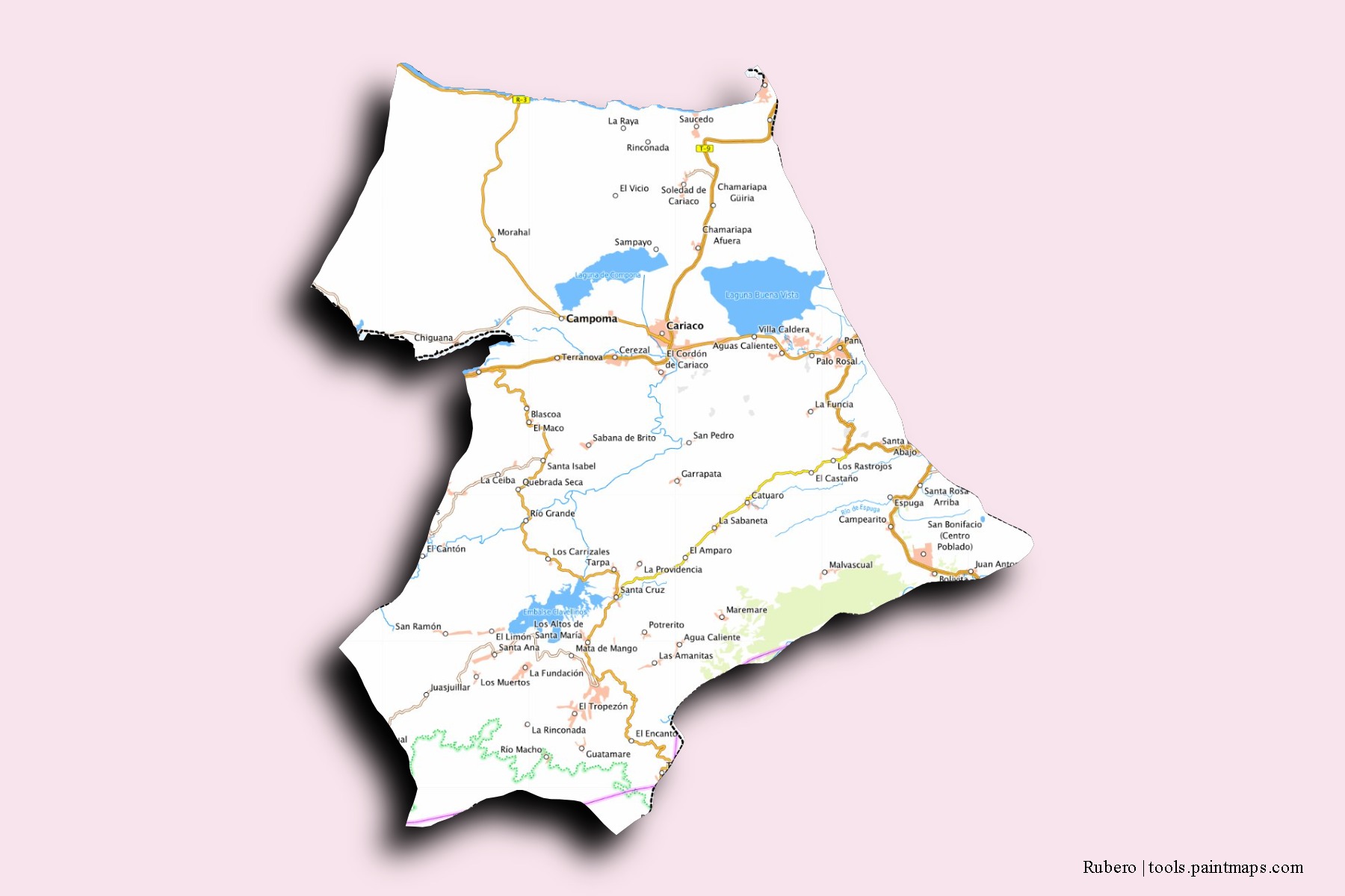 Mapa de barrios y pueblos de Rubero con efecto de sombra 3D