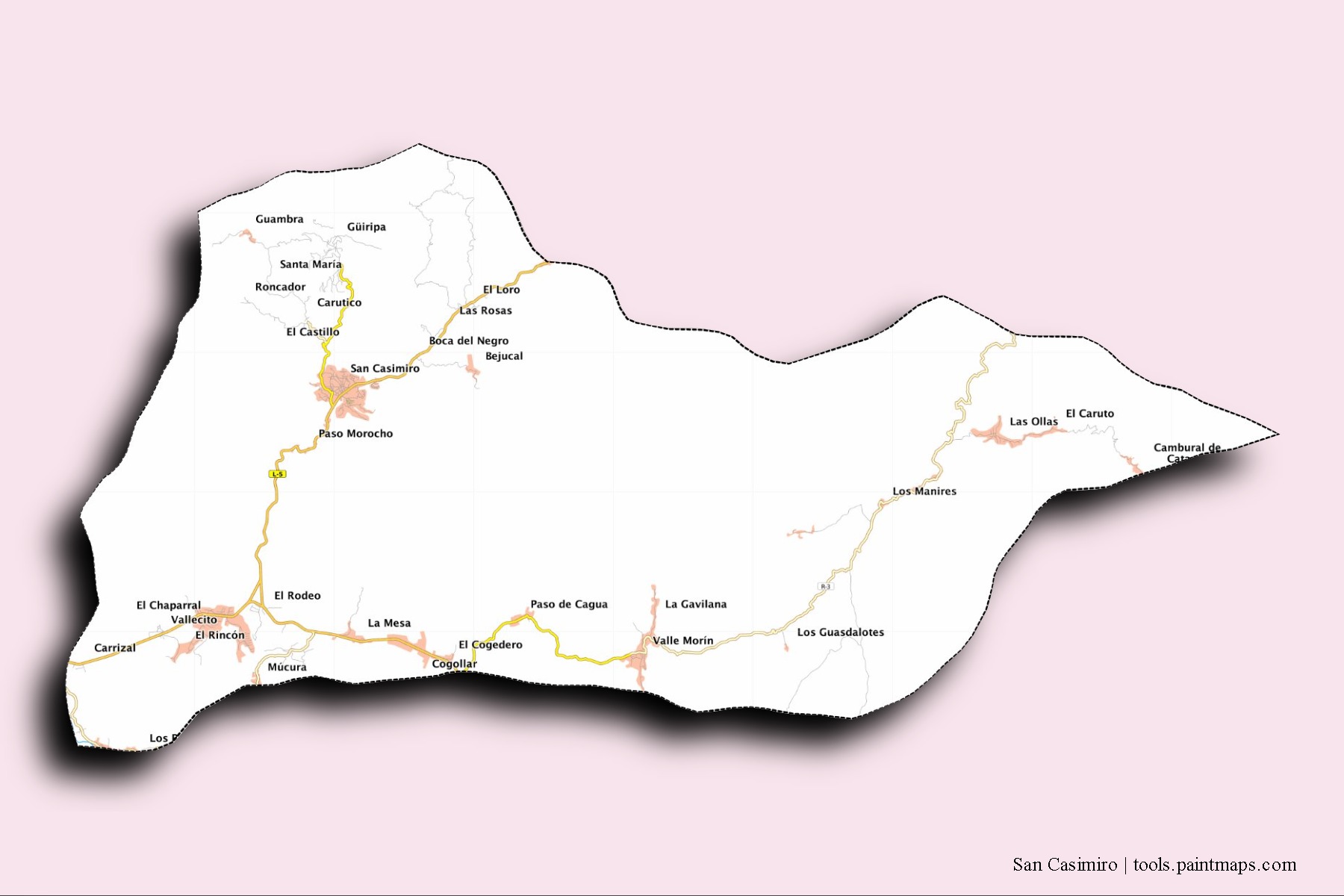 Mapa de barrios y pueblos de San Casimiro con efecto de sombra 3D