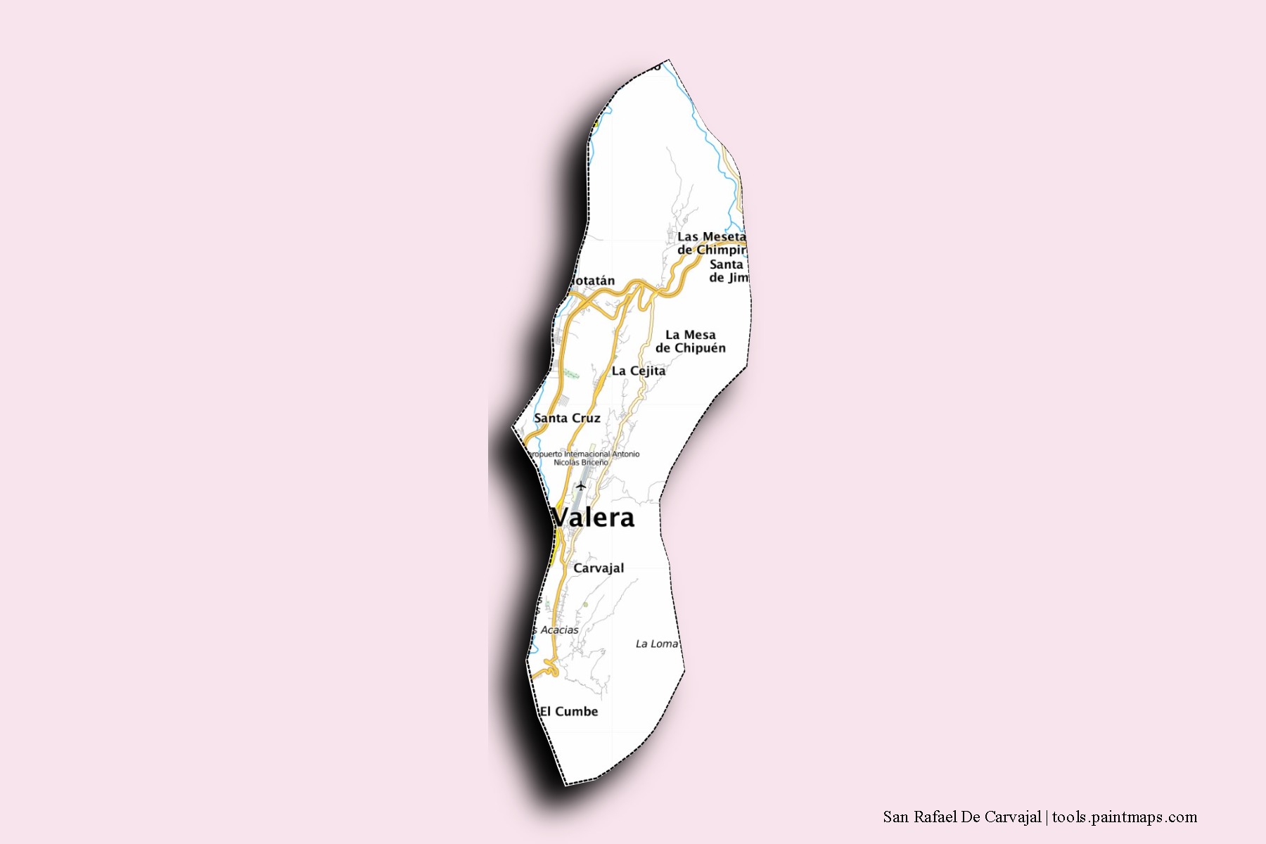 Mapa de barrios y pueblos de San Rafael De Carvajal con efecto de sombra 3D