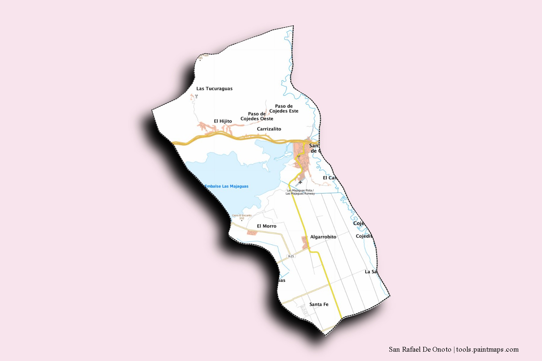 Mapa de barrios y pueblos de San Rafael De Onoto con efecto de sombra 3D