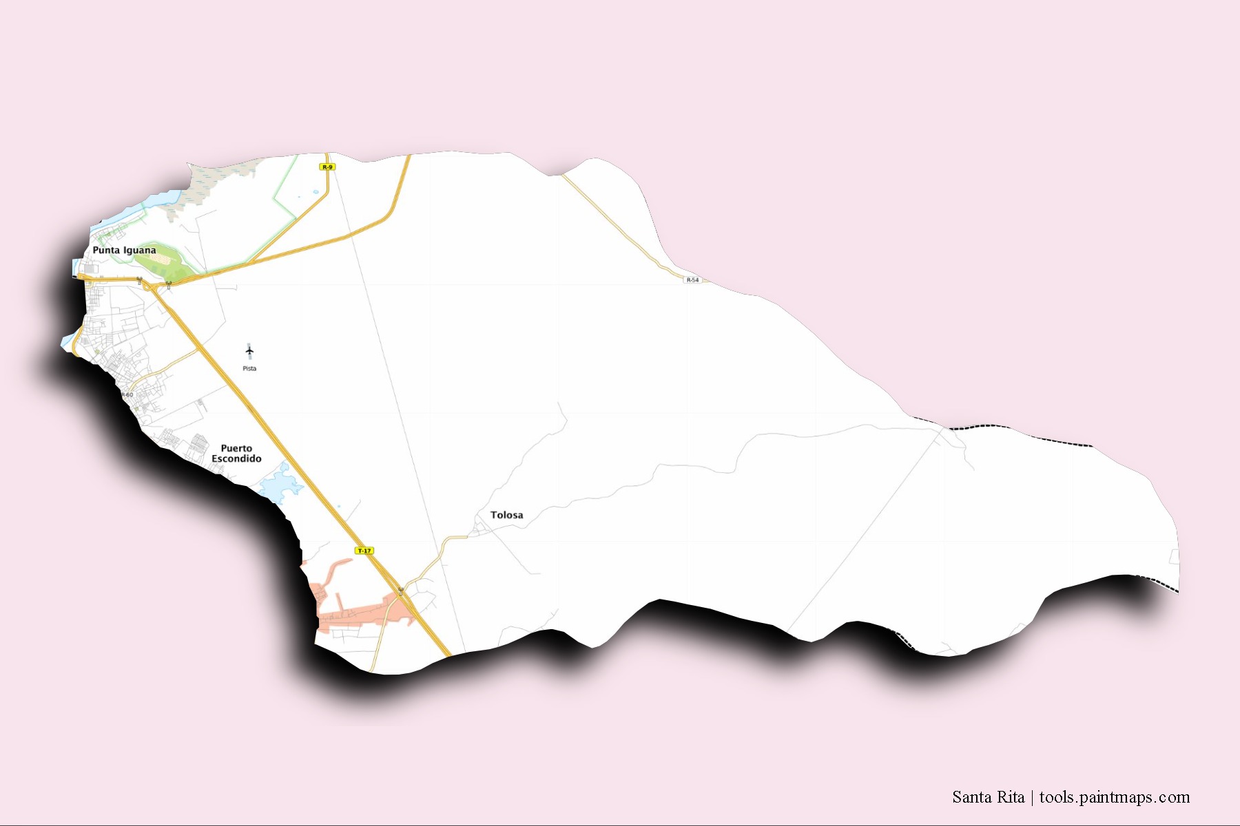 Mapa de barrios y pueblos de Santa Rita con efecto de sombra 3D