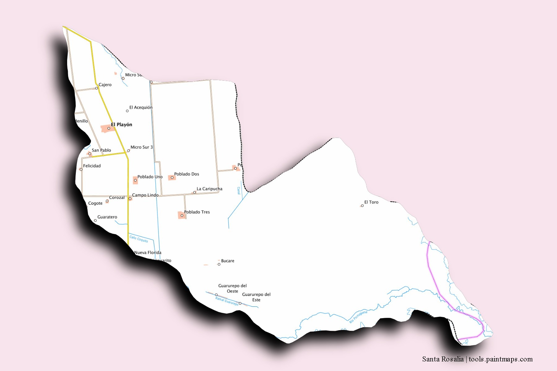 Santa Rosalía neighborhoods and villages map with 3D shadow effect