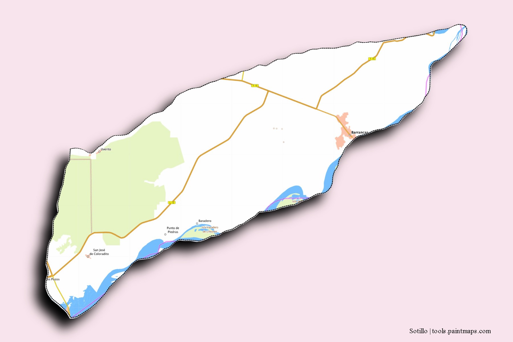 Sotillo neighborhoods and villages map with 3D shadow effect