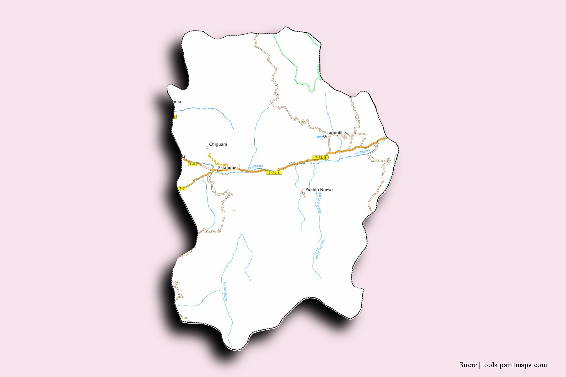 Mapa de barrios y pueblos de Sucre con efecto de sombra 3D