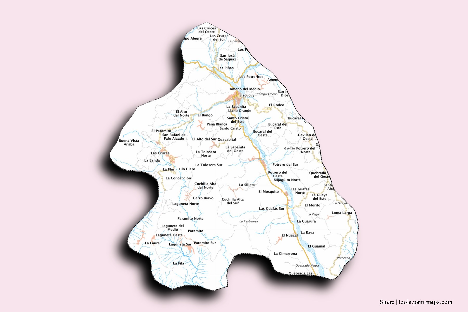 Mapa de barrios y pueblos de Sucre con efecto de sombra 3D