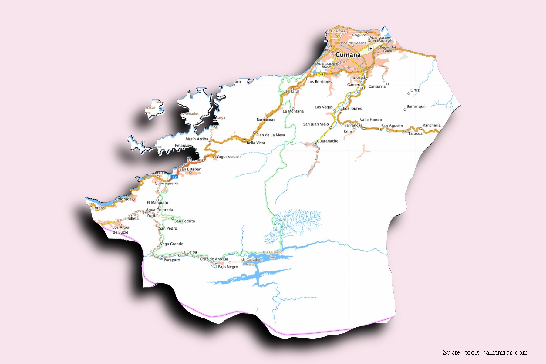 Mapa de barrios y pueblos de Sucre con efecto de sombra 3D