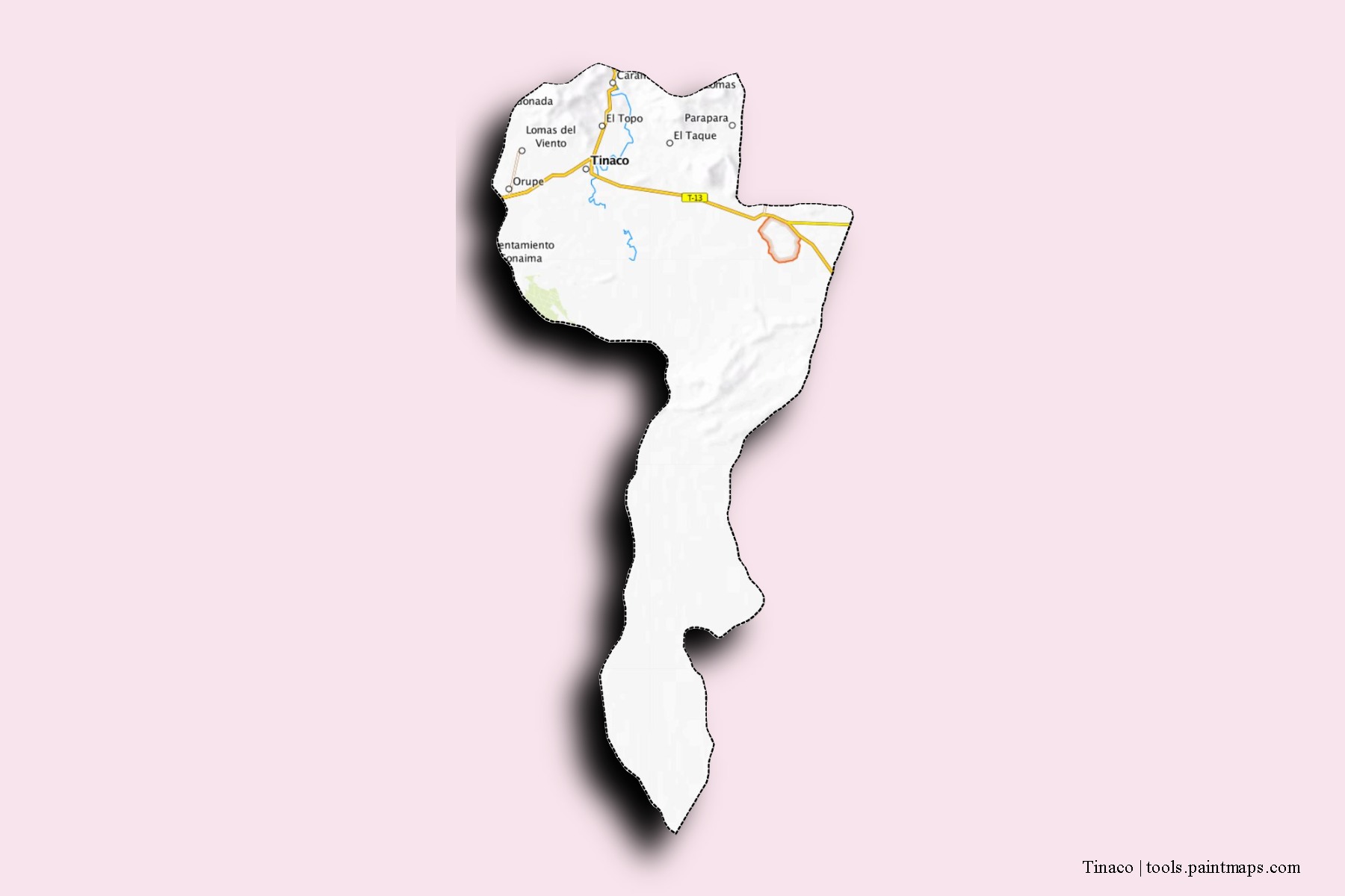 Mapa de barrios y pueblos de Tinaco con efecto de sombra 3D