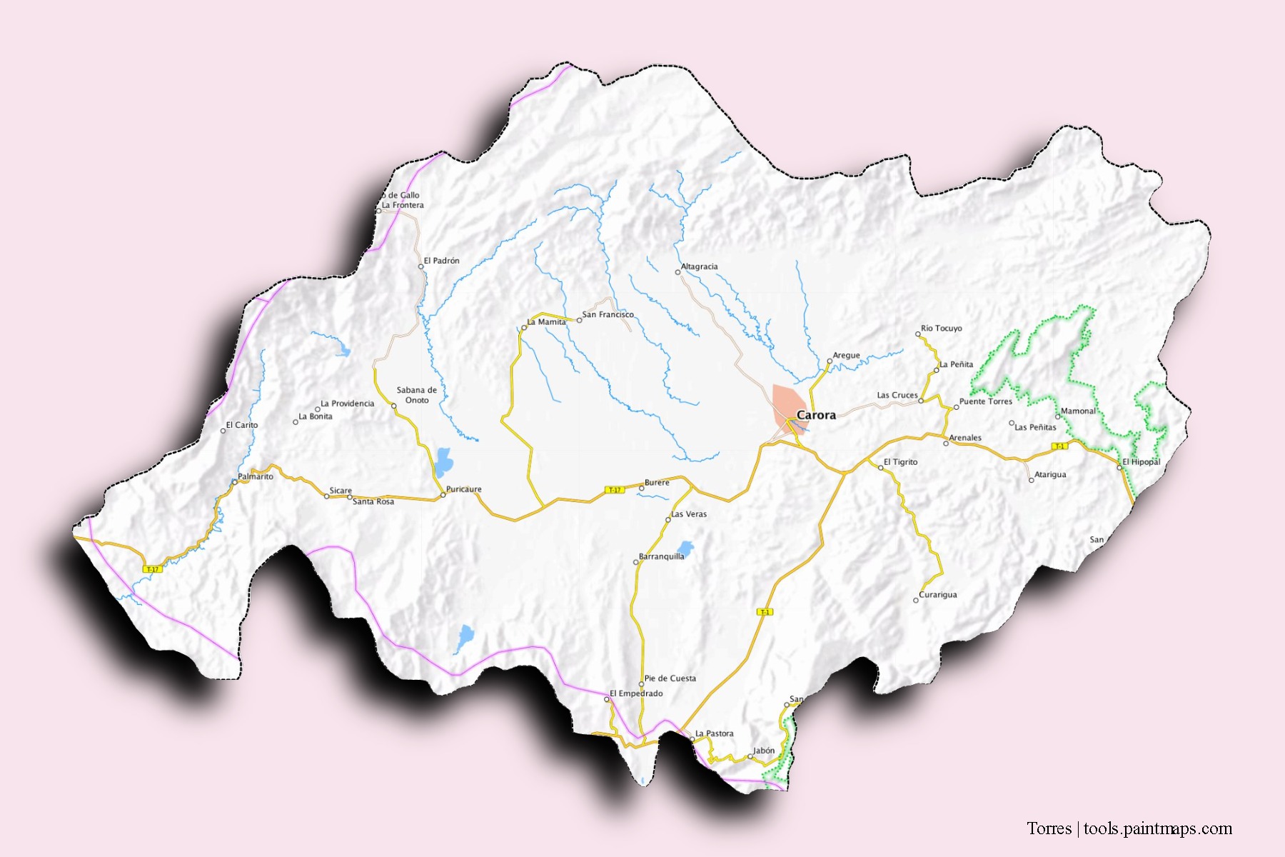 Torres neighborhoods and villages map with 3D shadow effect