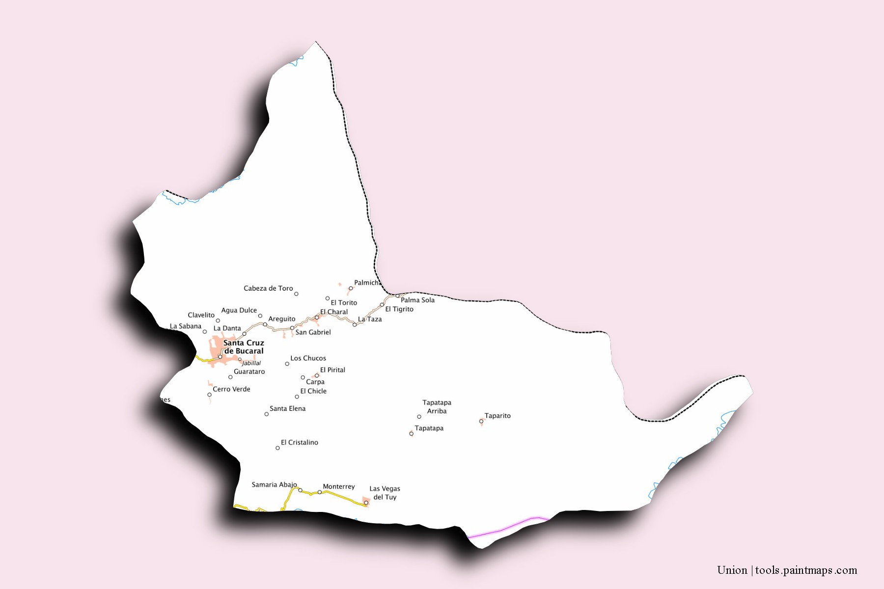 Mapa de barrios y pueblos de Union con efecto de sombra 3D