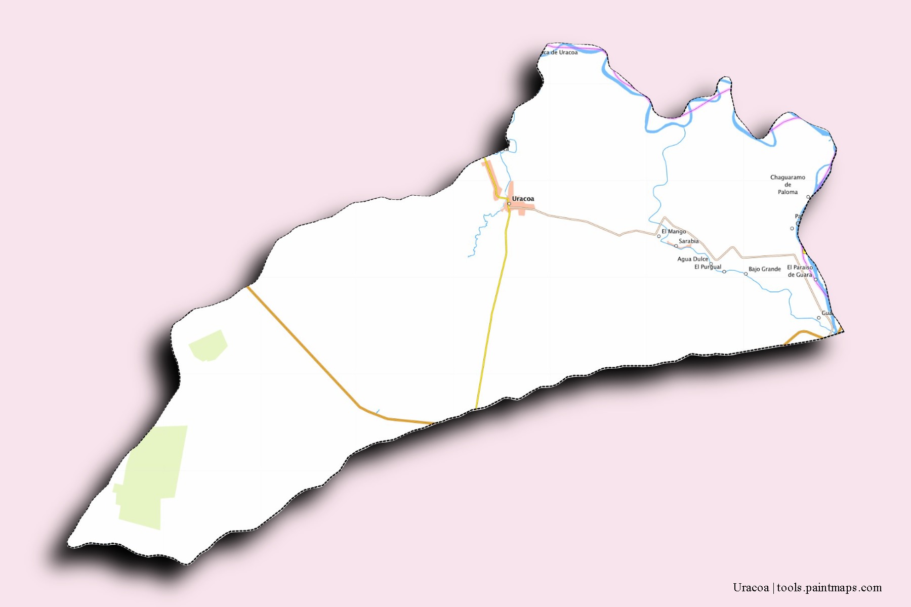 Mapa de barrios y pueblos de Uracoa con efecto de sombra 3D