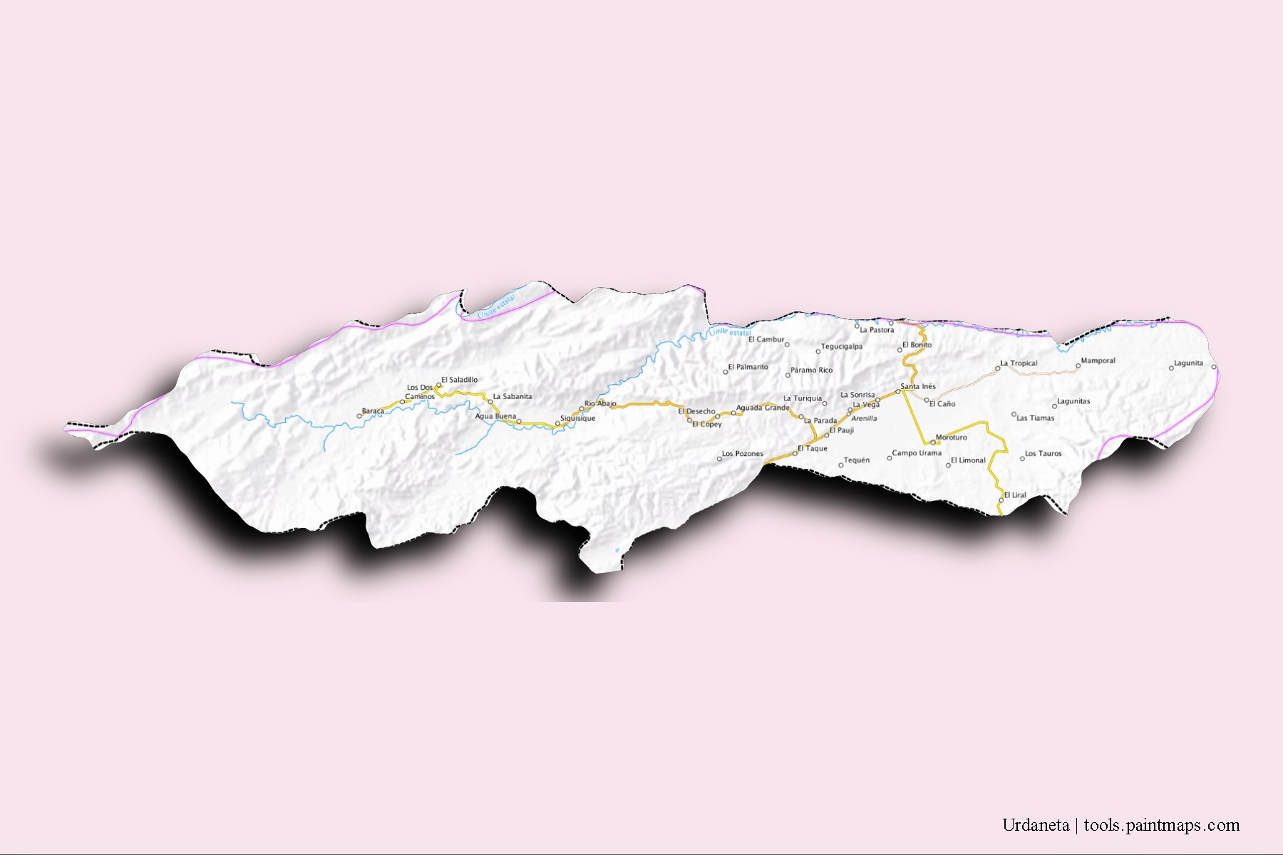 Mapa de barrios y pueblos de Urdaneta con efecto de sombra 3D