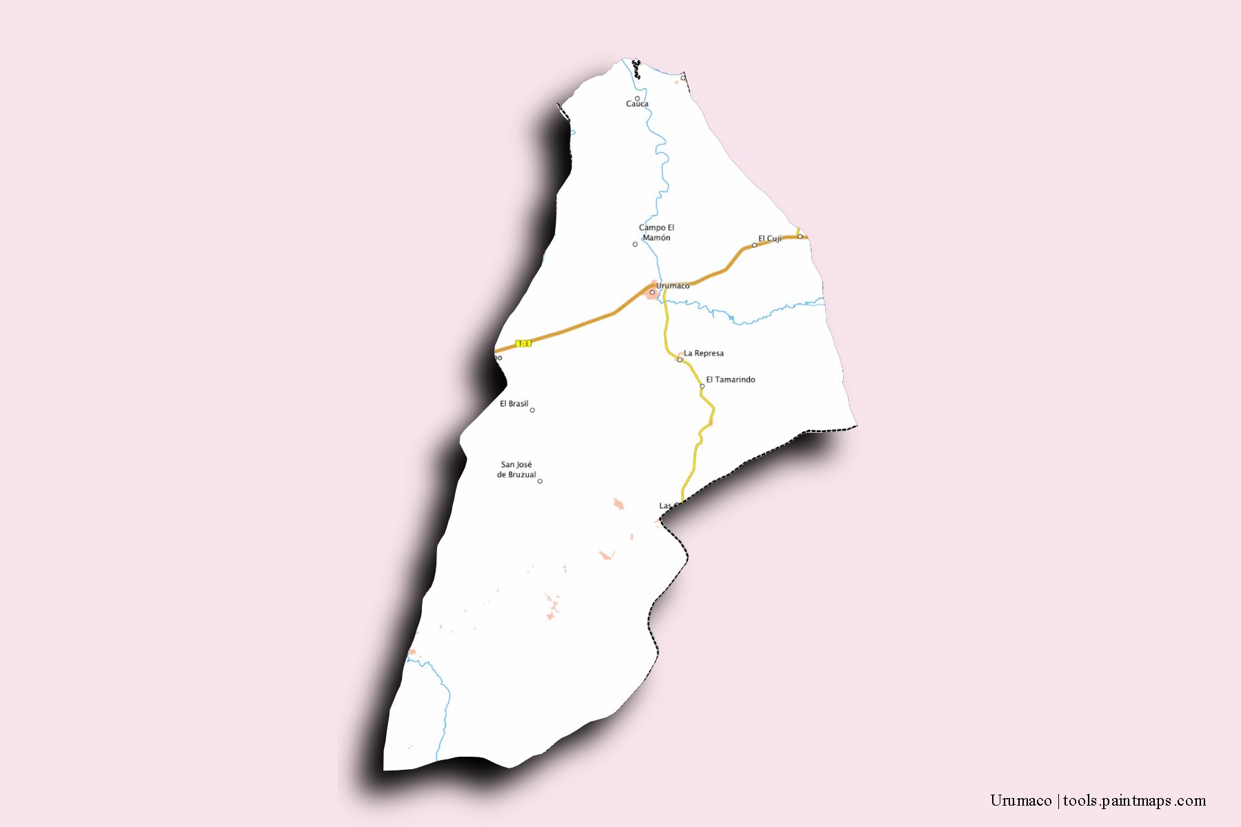 Mapa de barrios y pueblos de Urumaco con efecto de sombra 3D