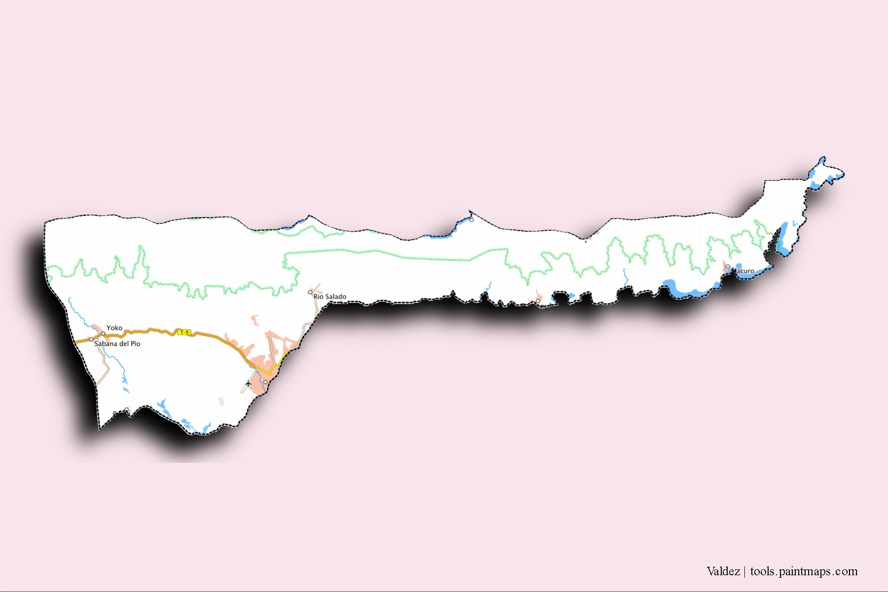 Mapa de barrios y pueblos de Valdez con efecto de sombra 3D