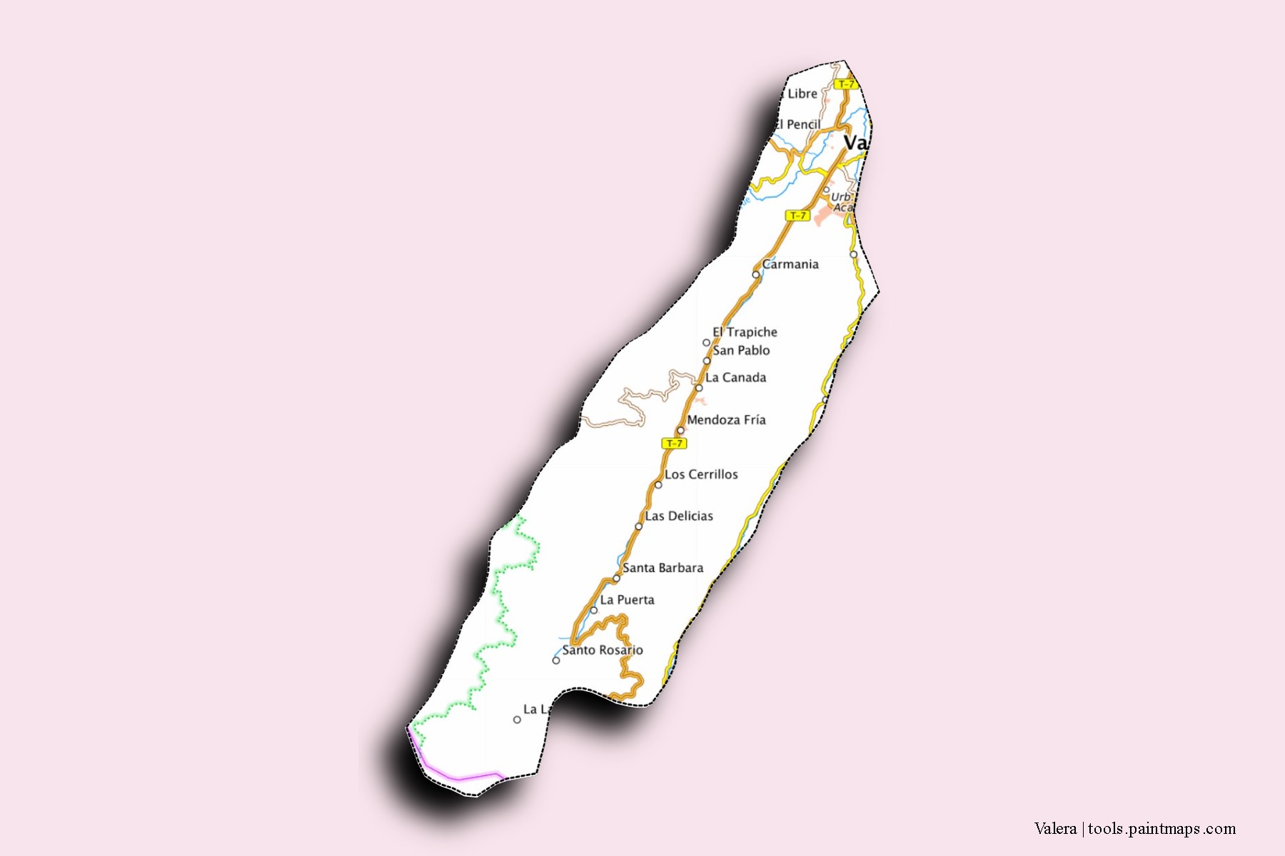 Mapa de barrios y pueblos de Valera con efecto de sombra 3D