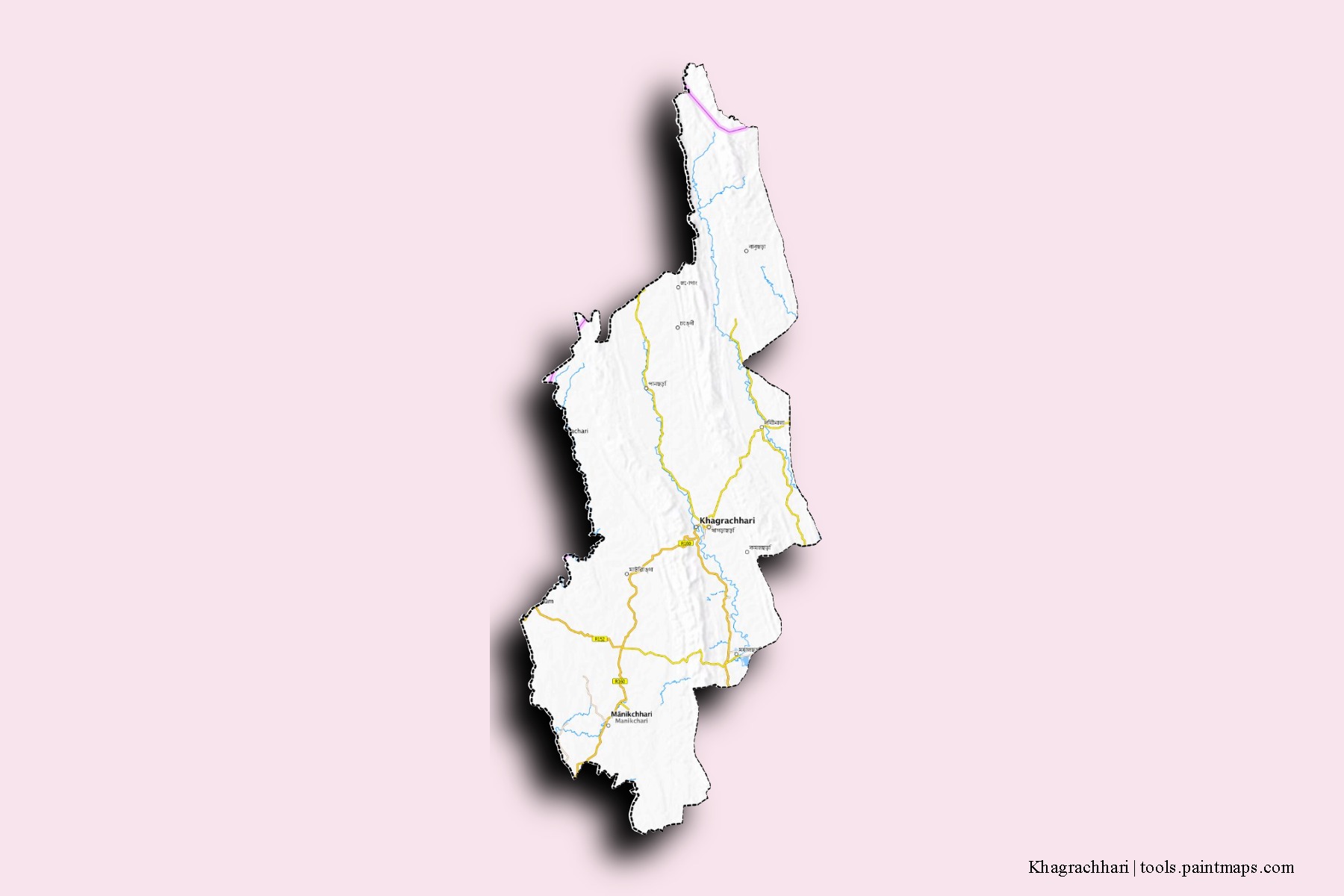 Mapa de barrios y pueblos de Khagrachhari con efecto de sombra 3D