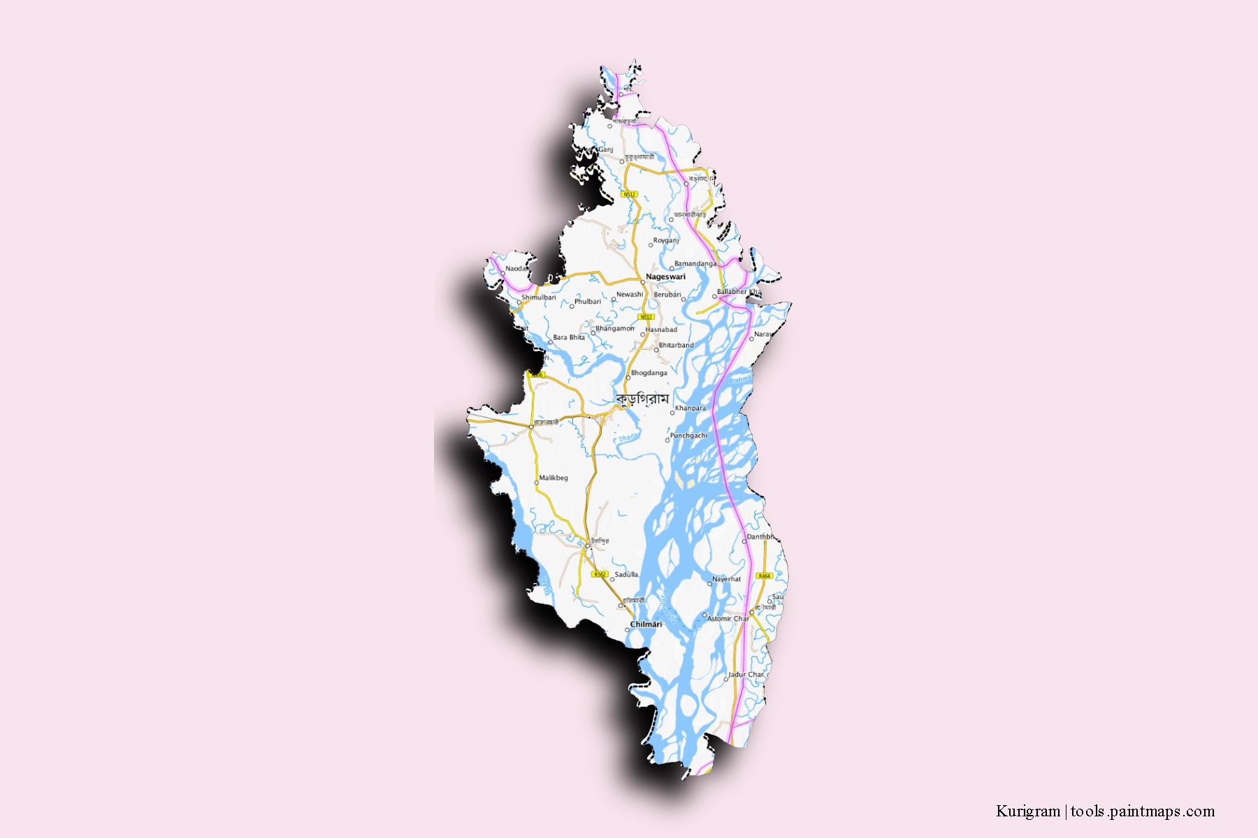 Mapa de barrios y pueblos de Kurigram con efecto de sombra 3D