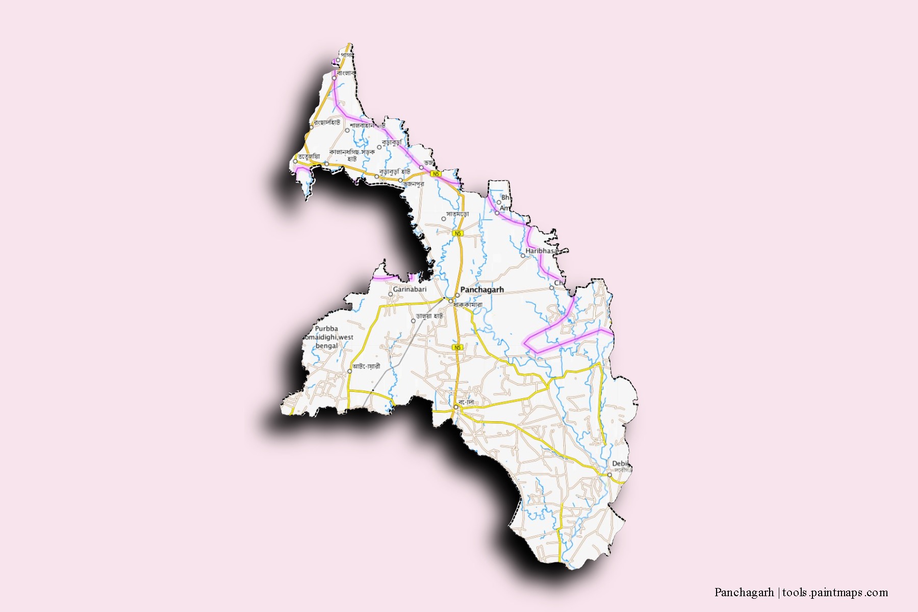 Mapa de barrios y pueblos de Panchagarh con efecto de sombra 3D