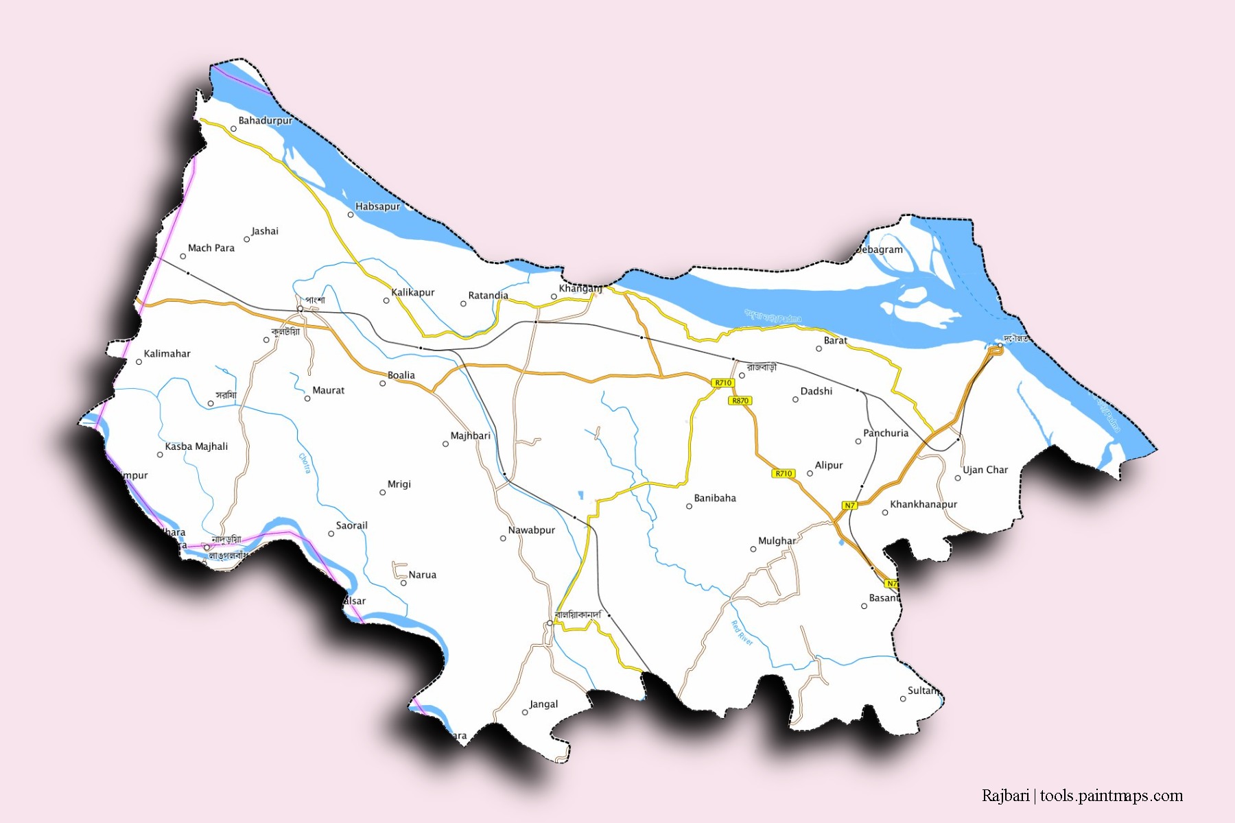 Mapa de barrios y pueblos de Rajbari con efecto de sombra 3D