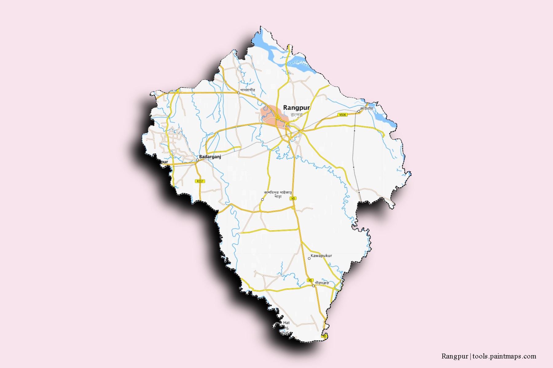 Mapa de barrios y pueblos de Rangpur con efecto de sombra 3D