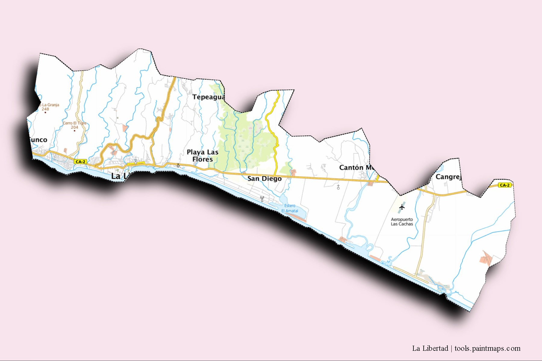 Mapa de barrios y pueblos de La Libertad con efecto de sombra 3D