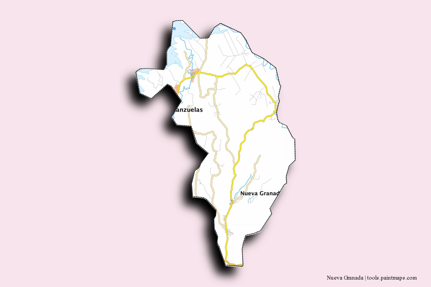 Mapa de barrios y pueblos de Nueva Granada con efecto de sombra 3D