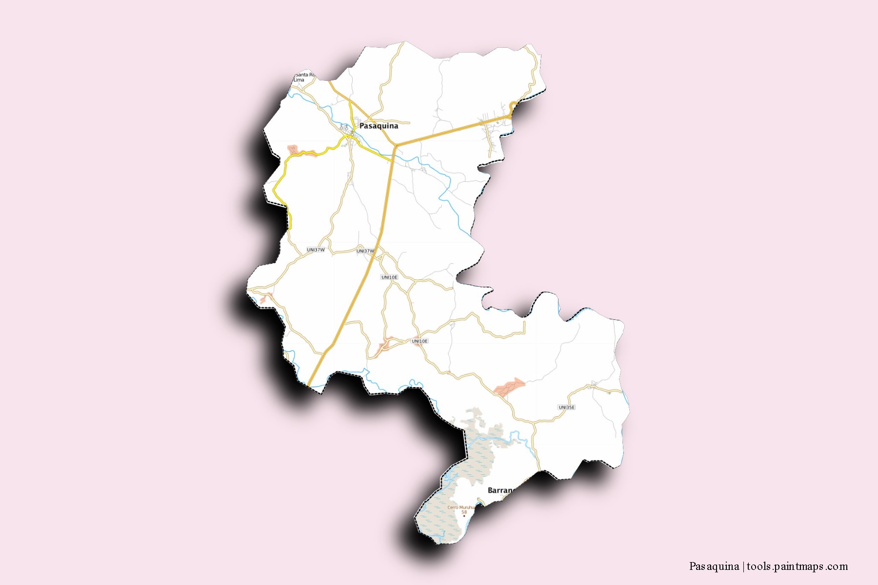 Pasaquina neighborhoods and villages map with 3D shadow effect