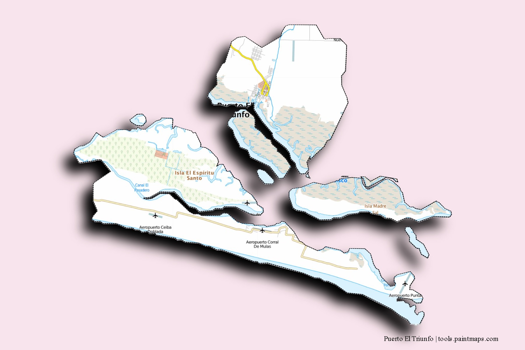 Mapa de barrios y pueblos de Puerto El Triunfo con efecto de sombra 3D