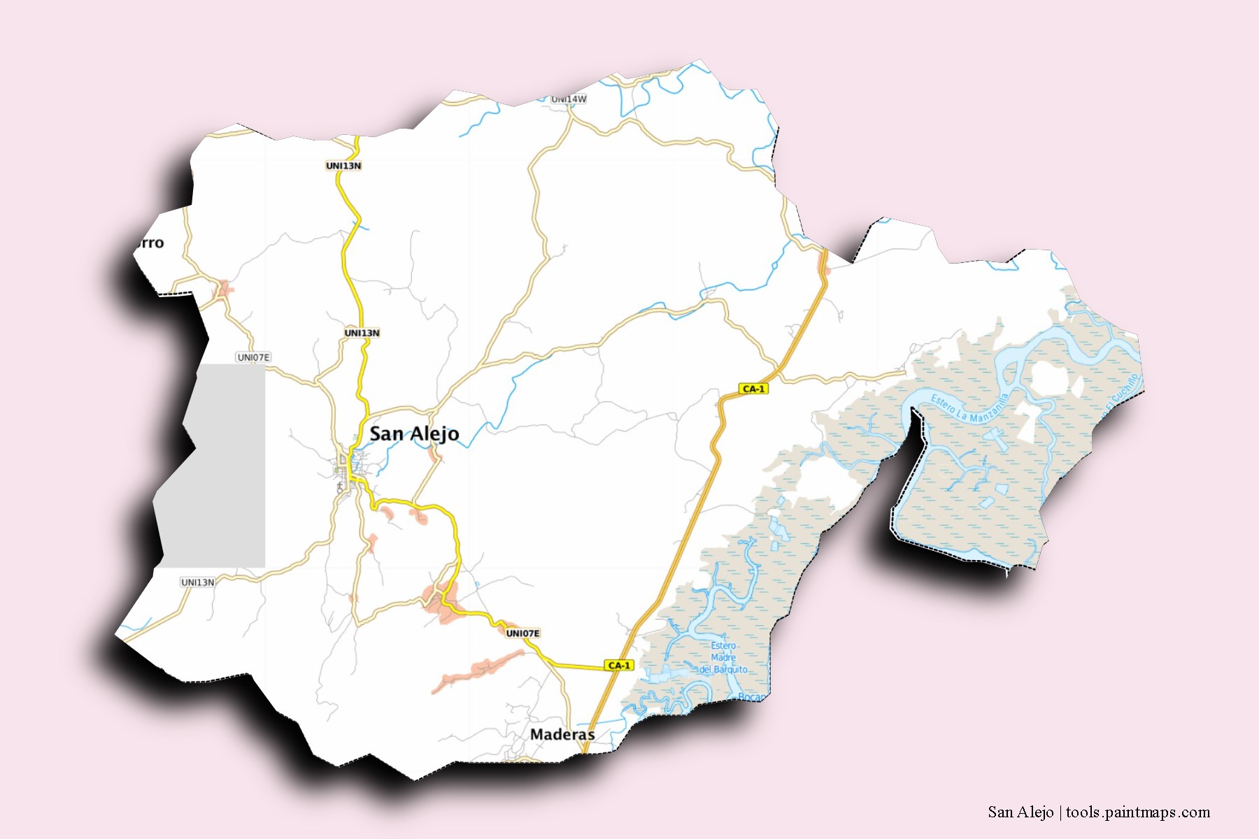 Mapa de barrios y pueblos de San Alejo con efecto de sombra 3D