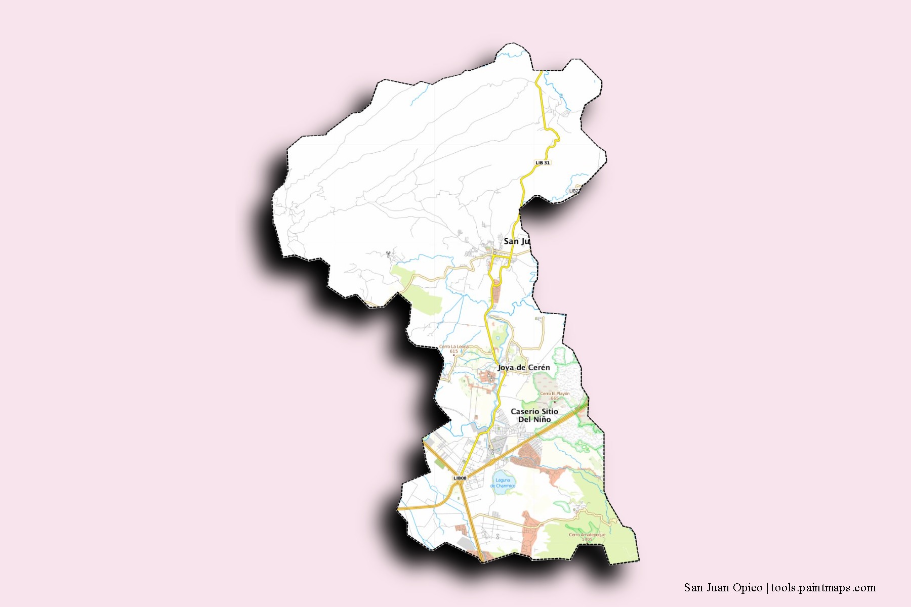 Mapa de barrios y pueblos de San Juan Opico con efecto de sombra 3D