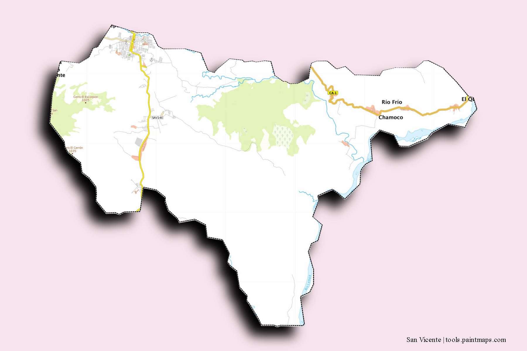 Mapa de barrios y pueblos de San Vicente con efecto de sombra 3D