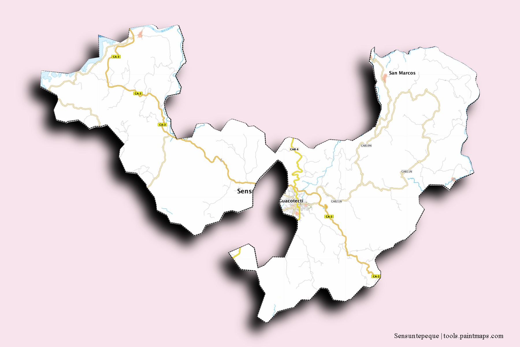 Mapa de barrios y pueblos de Sensuntepeque con efecto de sombra 3D