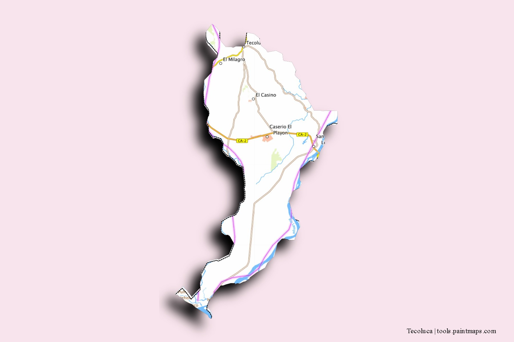 Mapa de barrios y pueblos de Tecoluca con efecto de sombra 3D