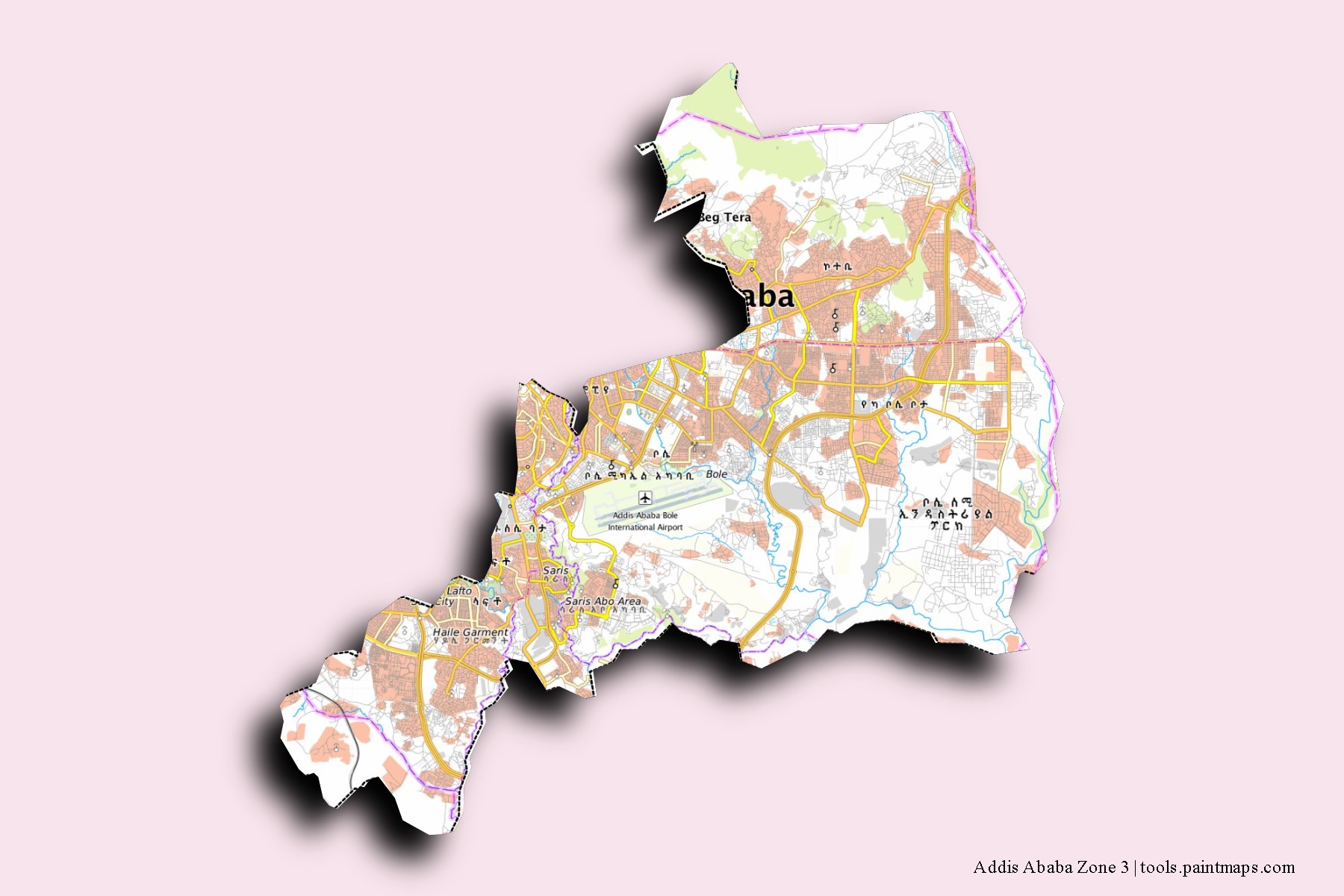 Mapa de barrios y pueblos de Addis Ababa Zone 3 con efecto de sombra 3D