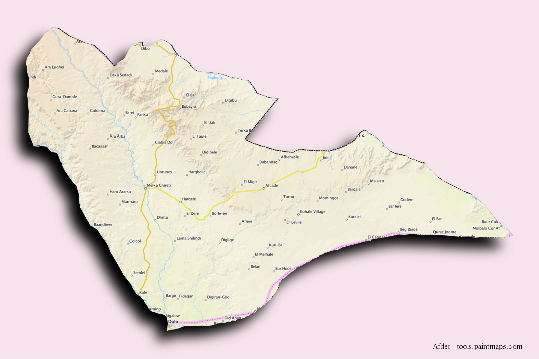 Mapa de barrios y pueblos de Afder con efecto de sombra 3D