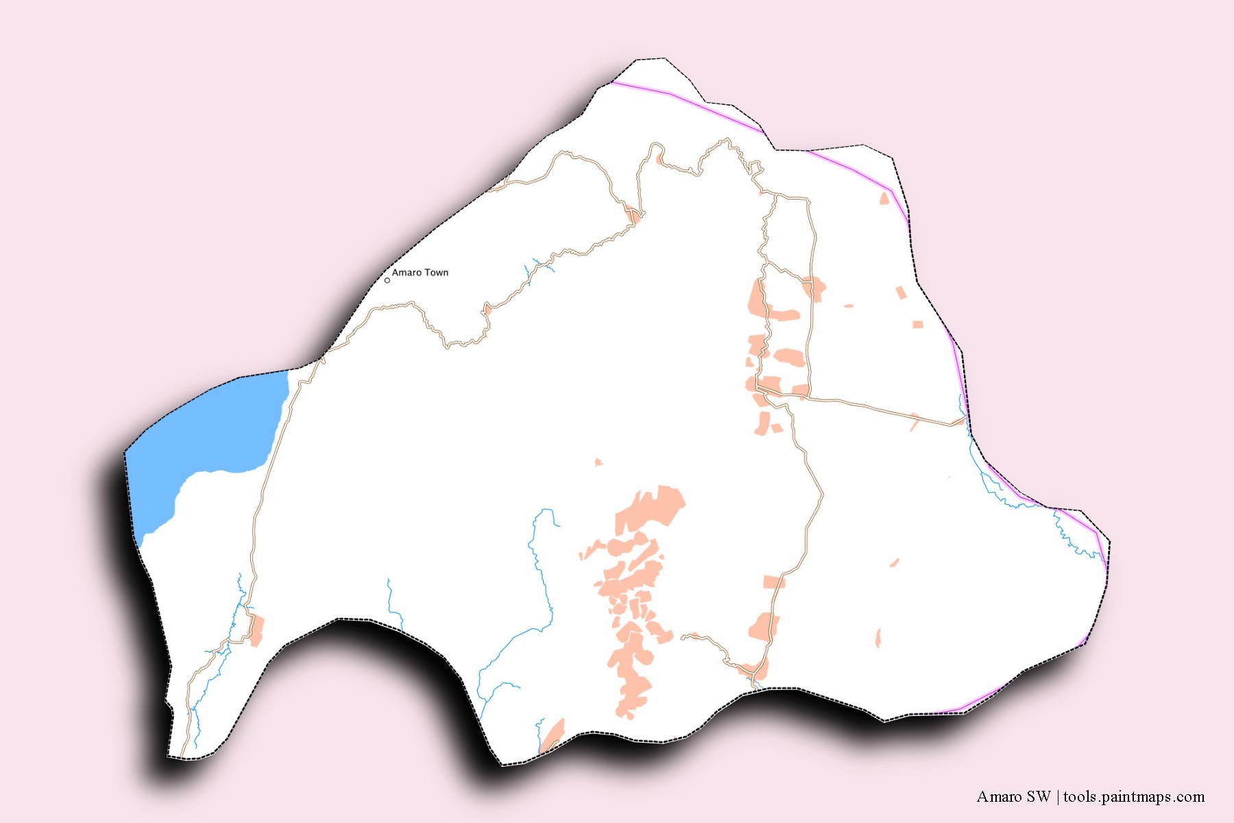 Mapa de barrios y pueblos de Amaro SW con efecto de sombra 3D