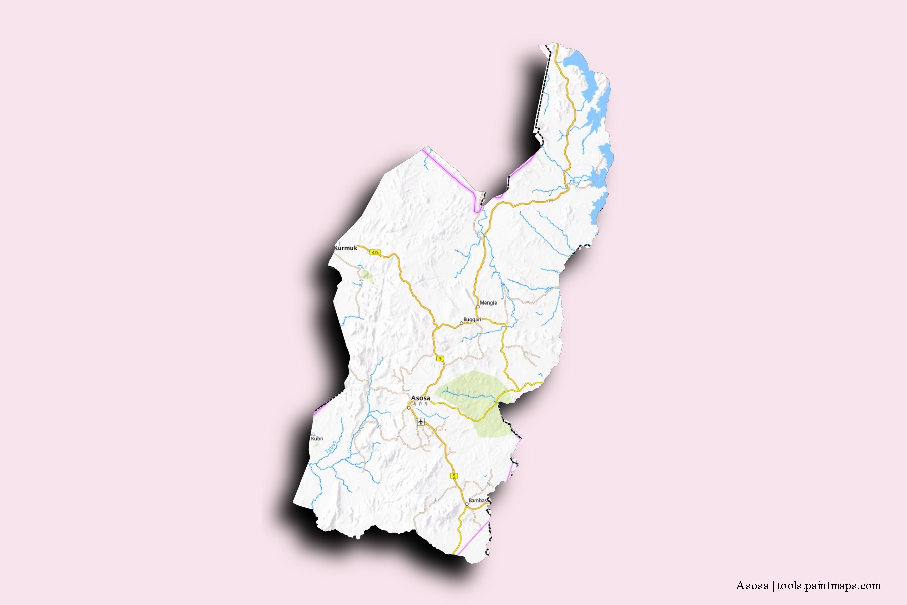 Mapa de barrios y pueblos de Asosa con efecto de sombra 3D