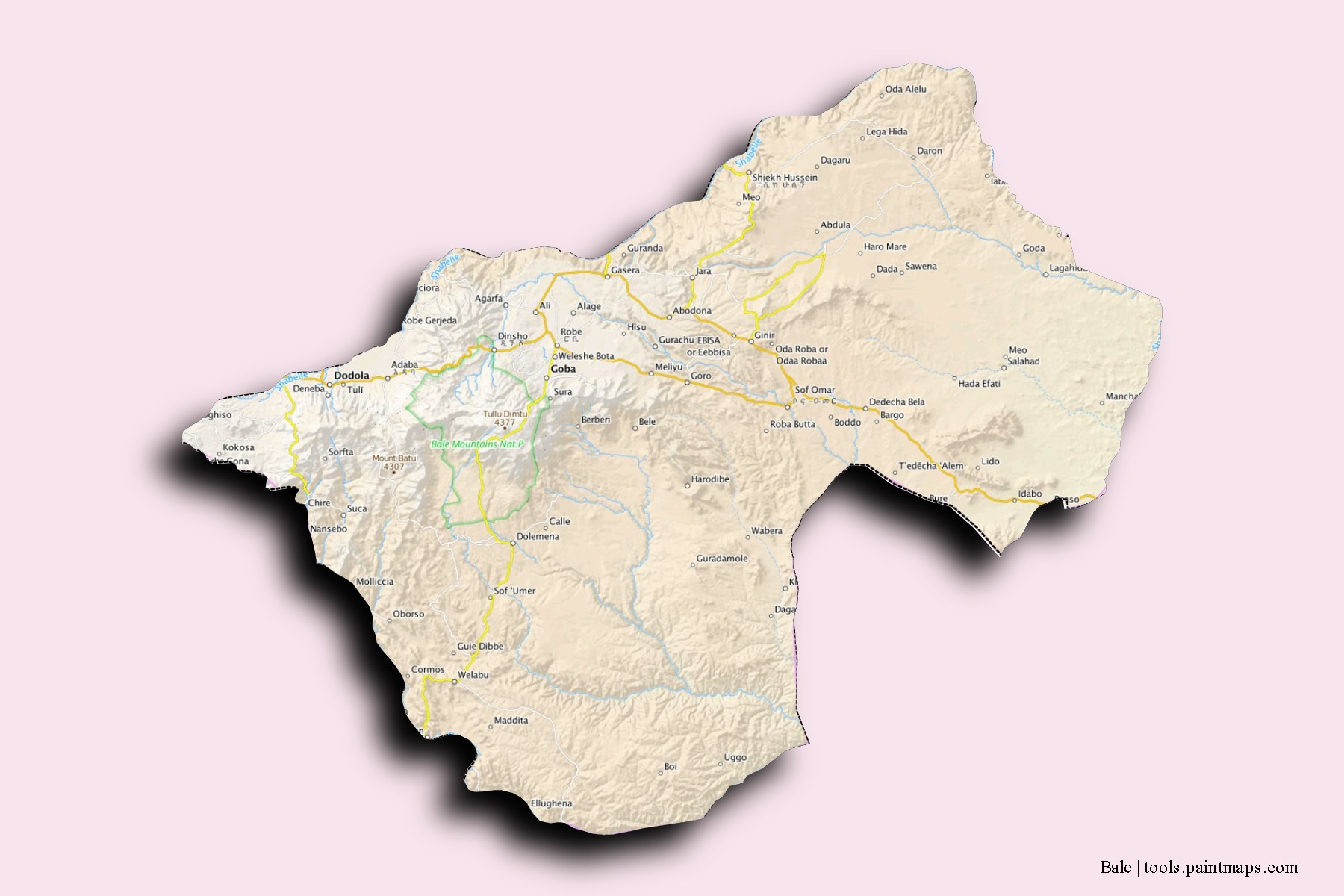 Mapa de barrios y pueblos de Bale con efecto de sombra 3D