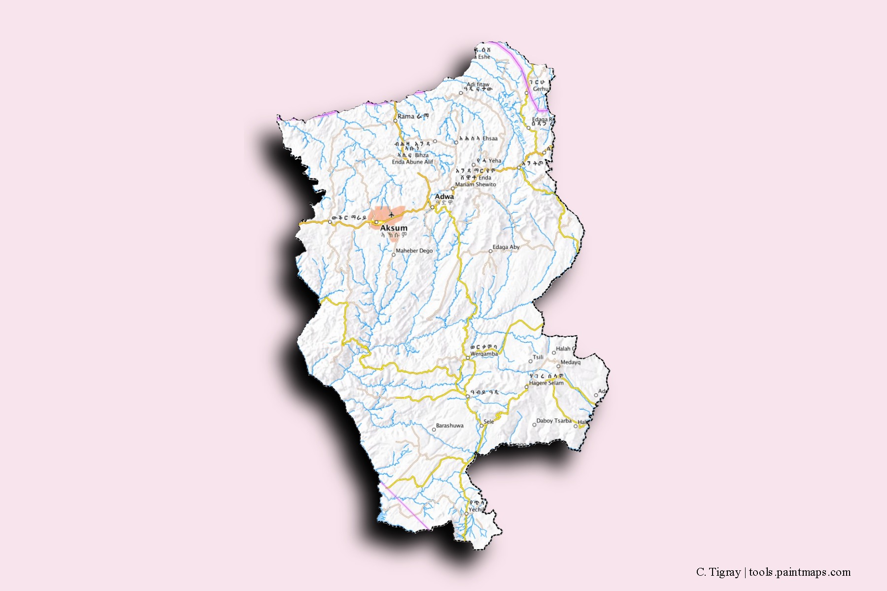 Mapa de barrios y pueblos de C. Tigray con efecto de sombra 3D