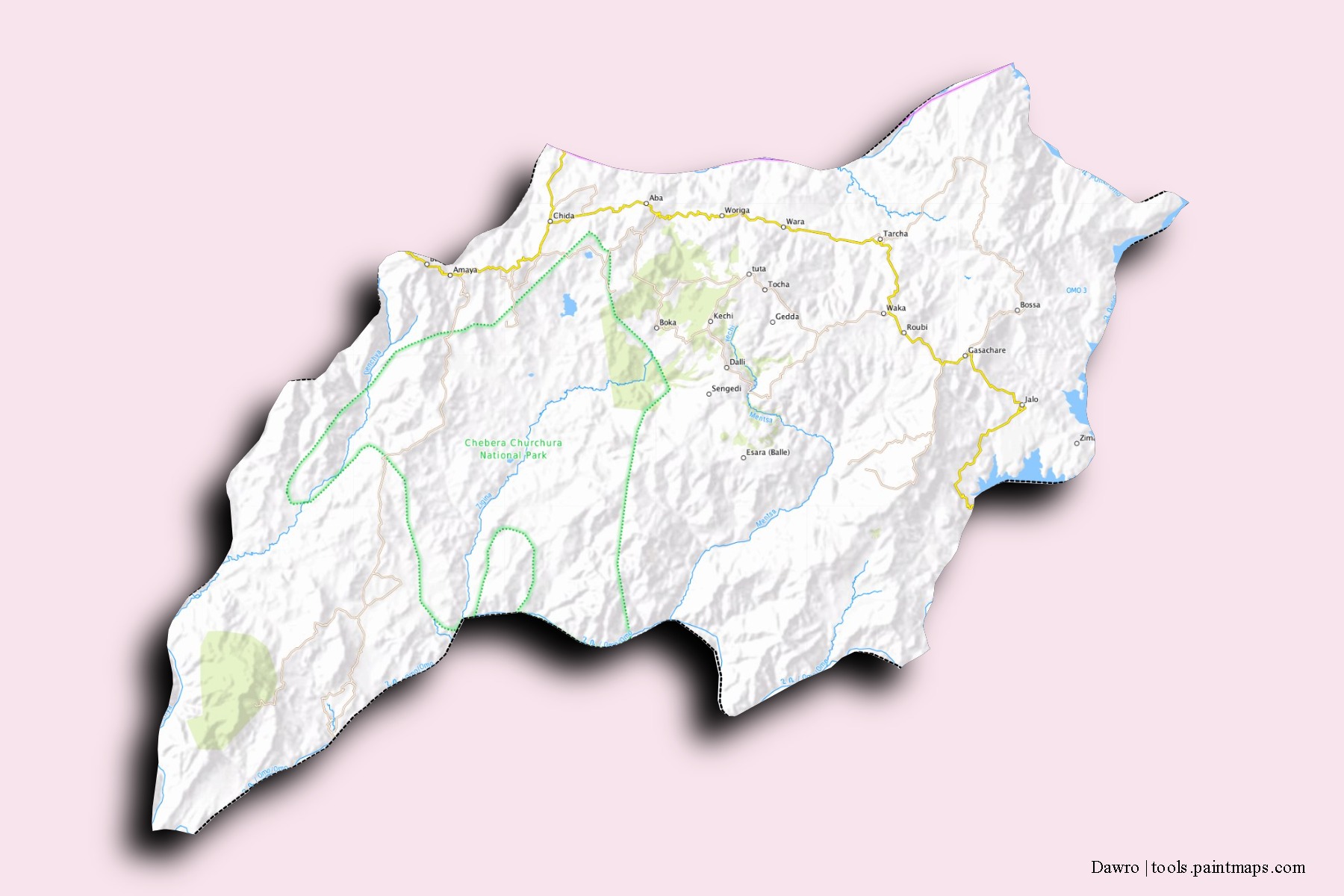 Mapa de barrios y pueblos de Dawro con efecto de sombra 3D