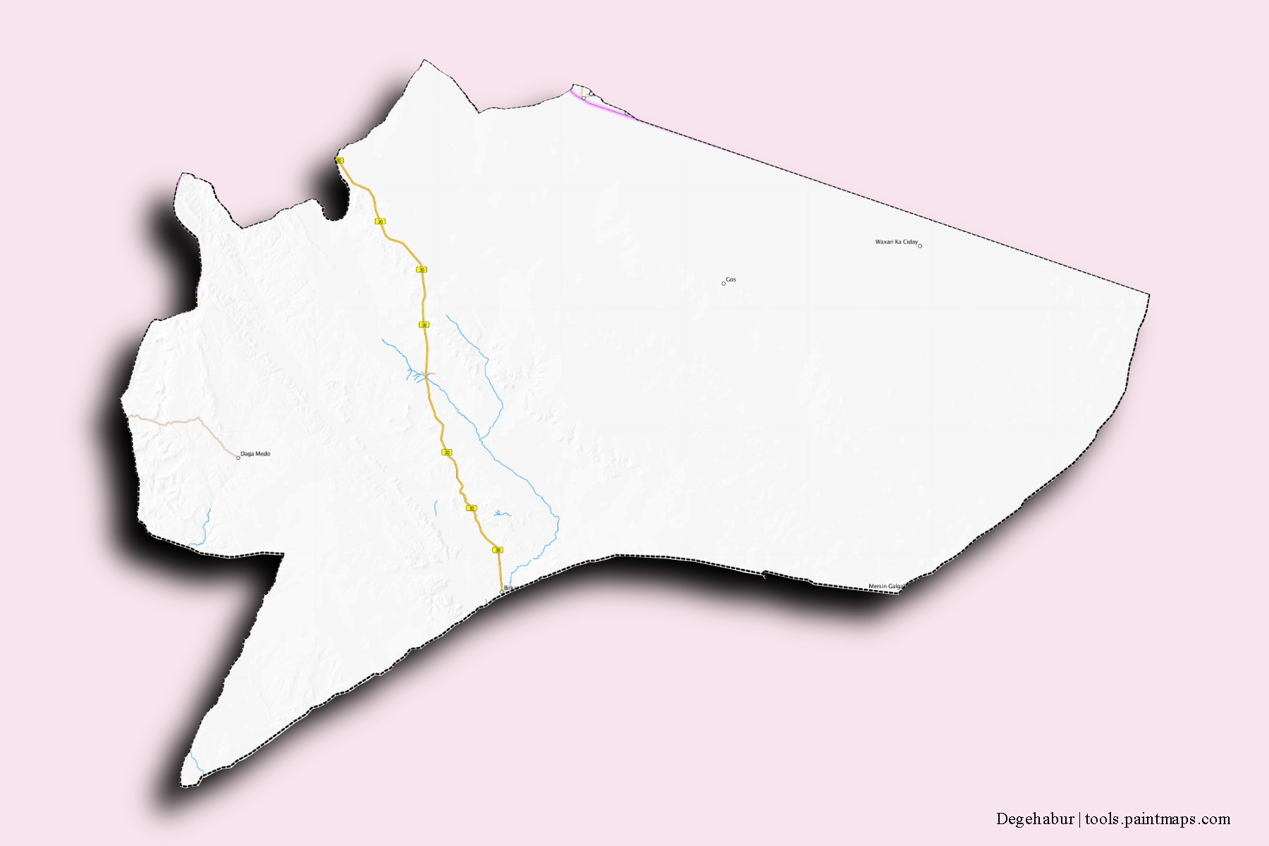 Degehabur neighborhoods and villages map with 3D shadow effect