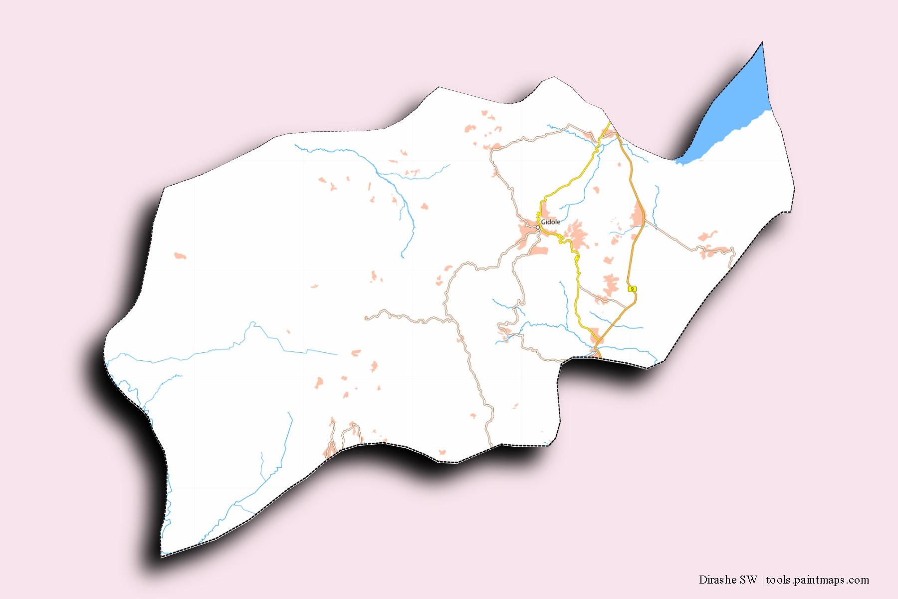 Mapa de barrios y pueblos de Dirashe SW con efecto de sombra 3D