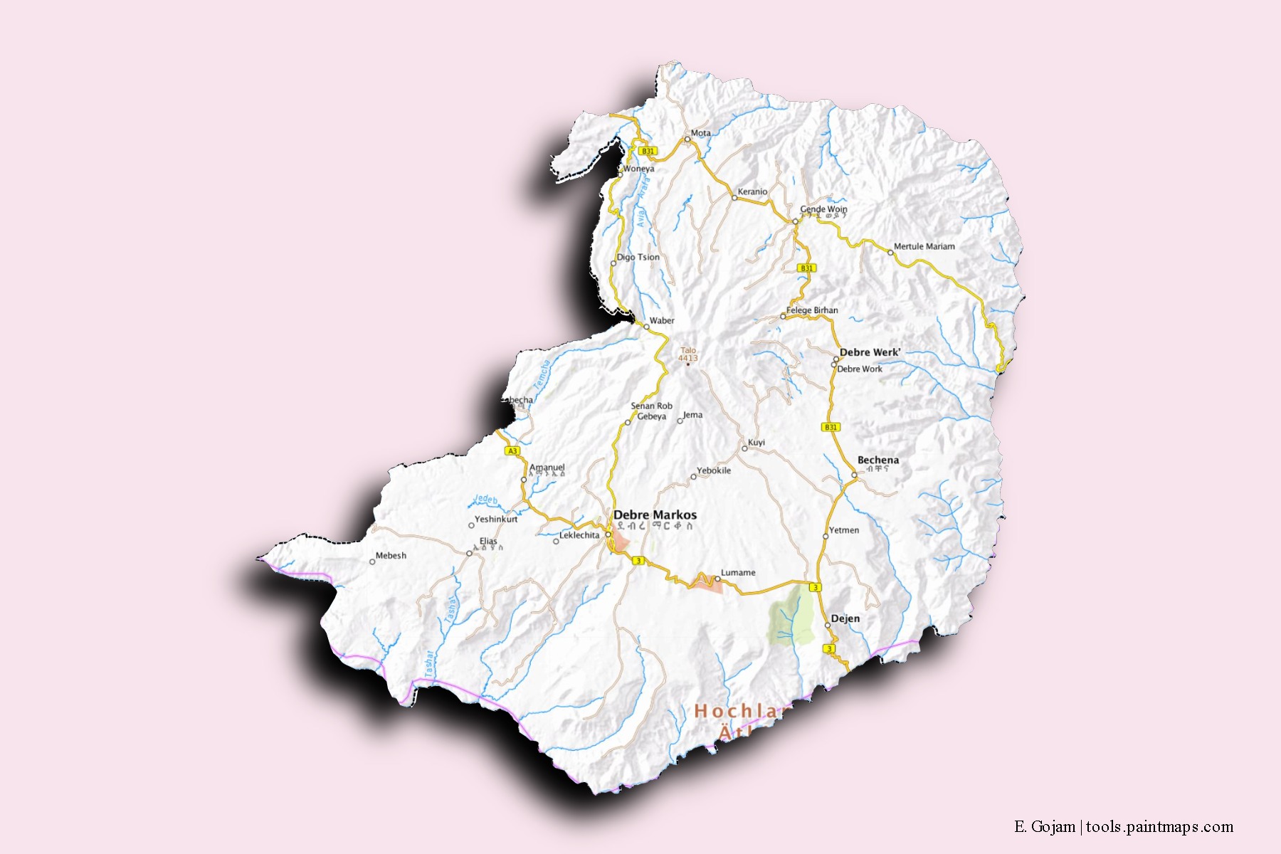 Mapa de barrios y pueblos de E. Gojam con efecto de sombra 3D