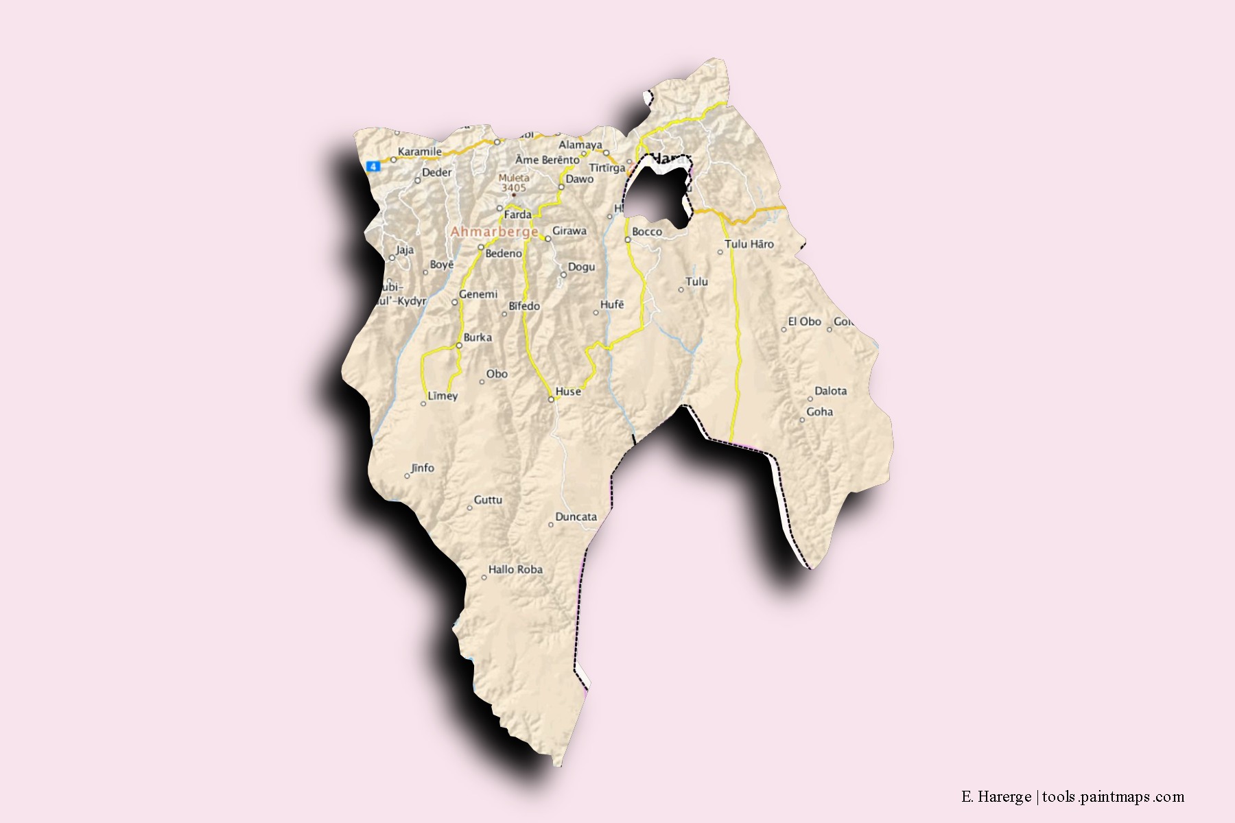 Mapa de barrios y pueblos de E. Harerge con efecto de sombra 3D