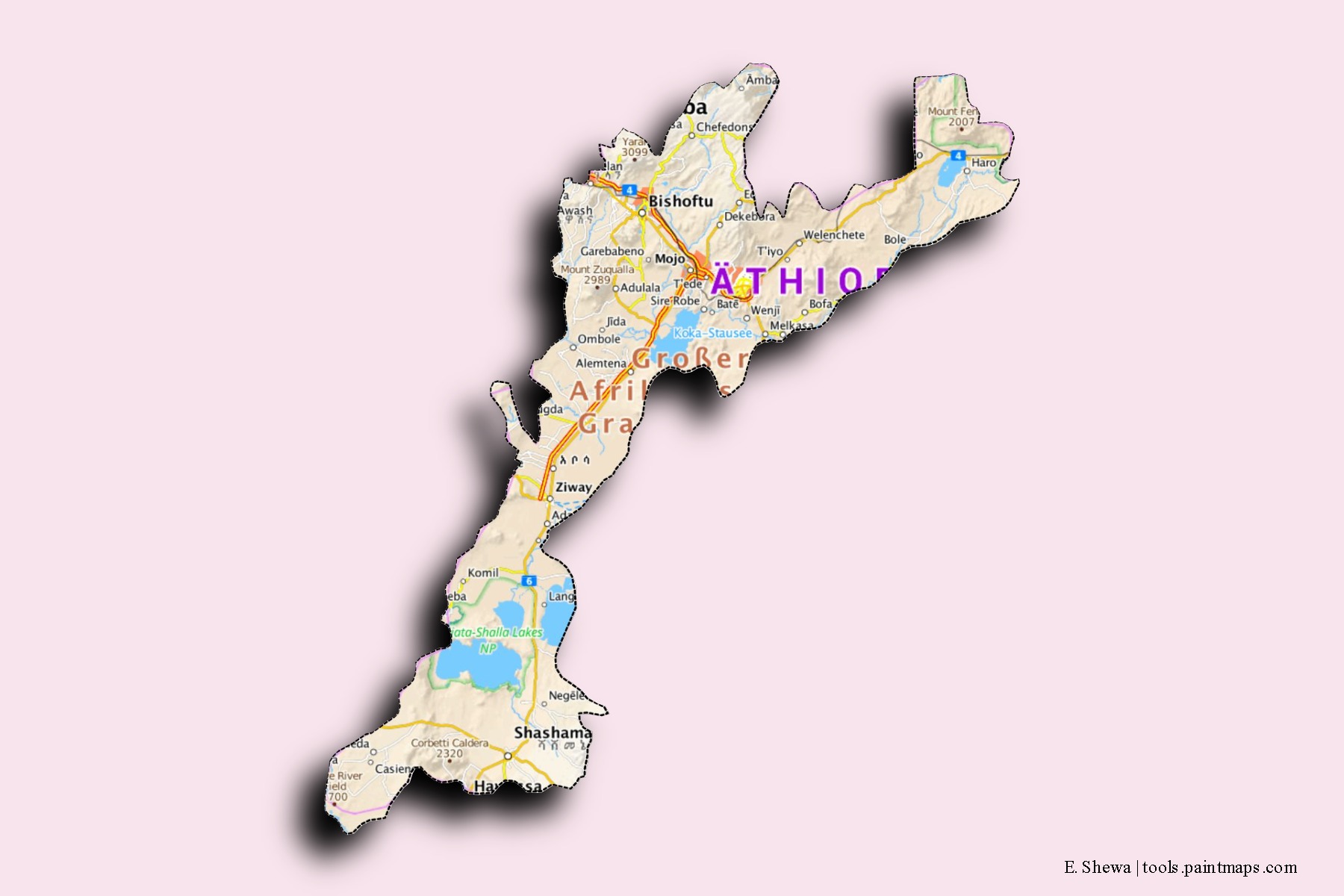 Mapa de barrios y pueblos de E. Shewa con efecto de sombra 3D