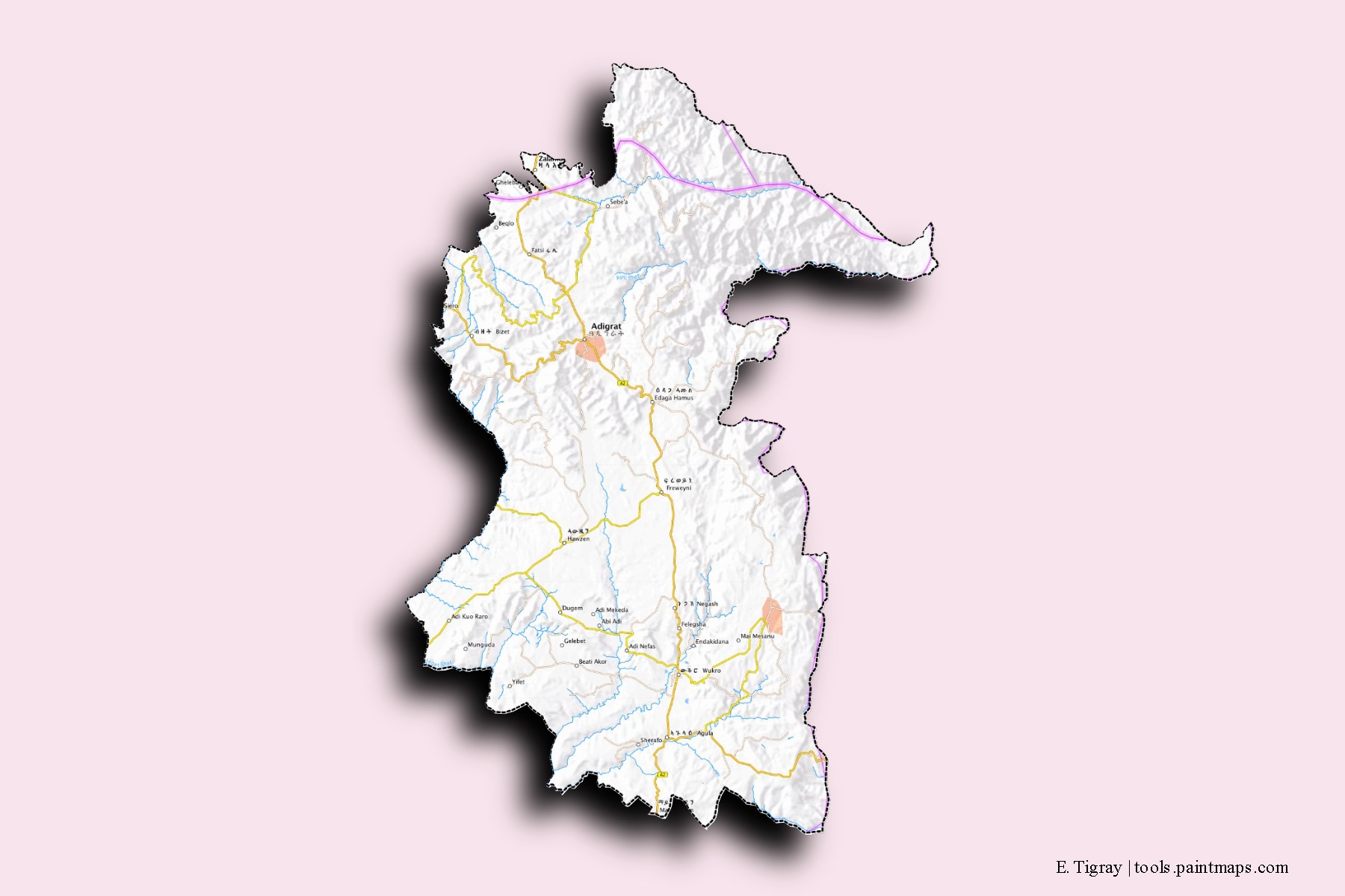 Mapa de barrios y pueblos de E. Tigray con efecto de sombra 3D