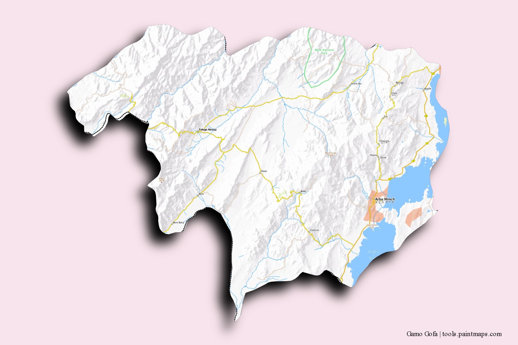 Mapa de barrios y pueblos de Gamo Gofa con efecto de sombra 3D