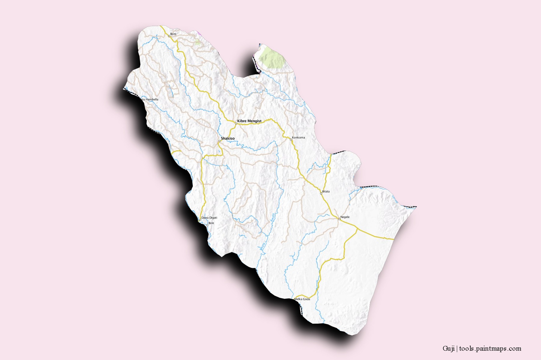 Mapa de barrios y pueblos de Guji con efecto de sombra 3D