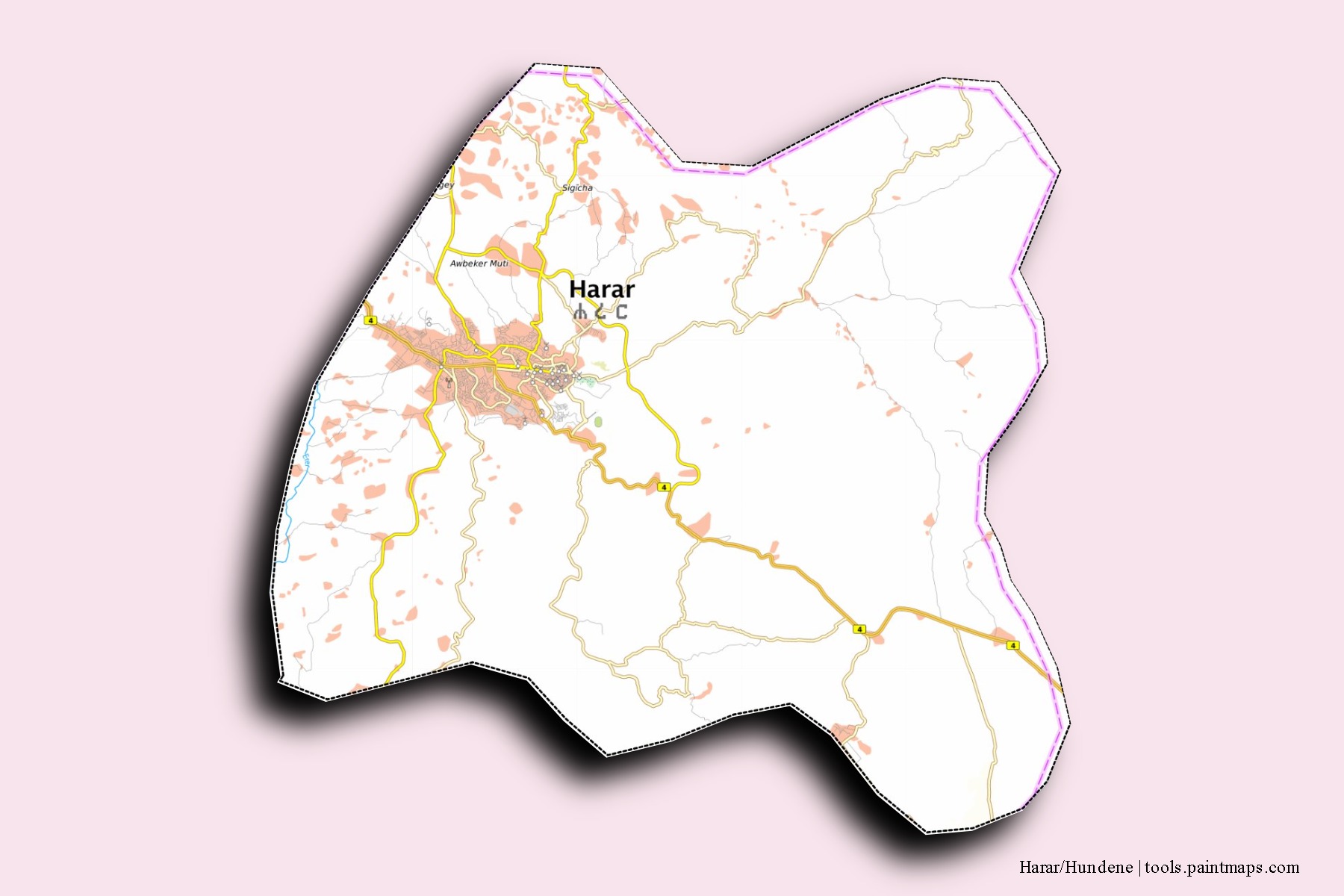 Mapa de barrios y pueblos de Harar/Hundene con efecto de sombra 3D