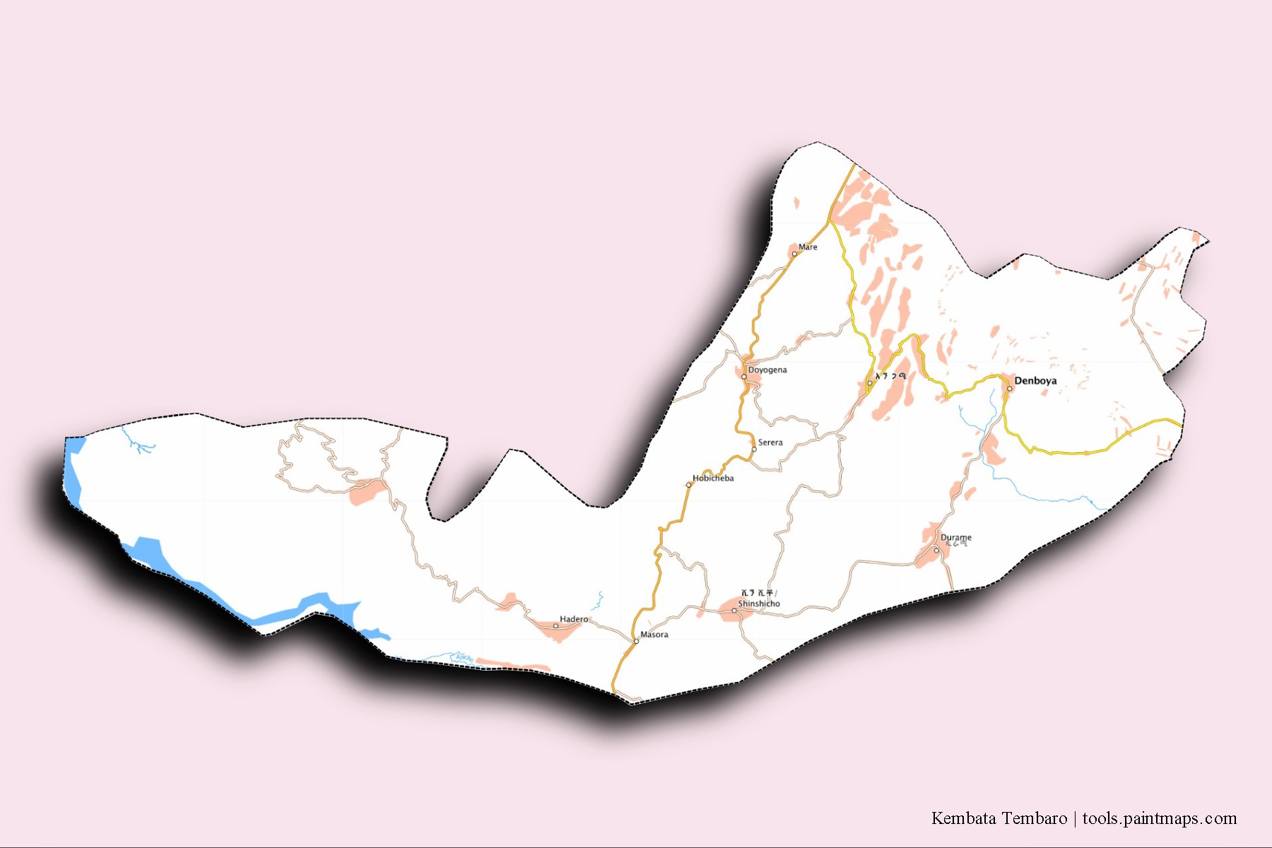 Mapa de barrios y pueblos de Kembata Tembaro con efecto de sombra 3D